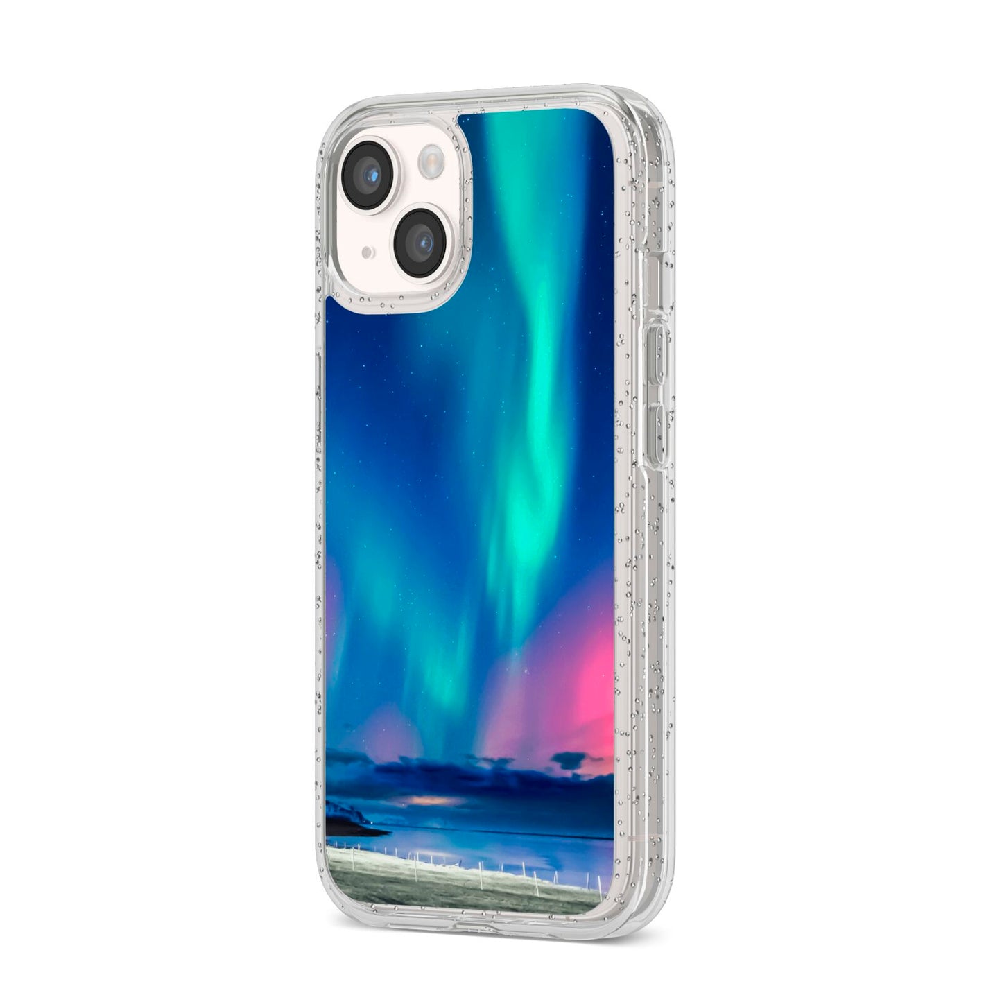 The Northern Lights iPhone 14 Glitter Tough Case Starlight Angled Image