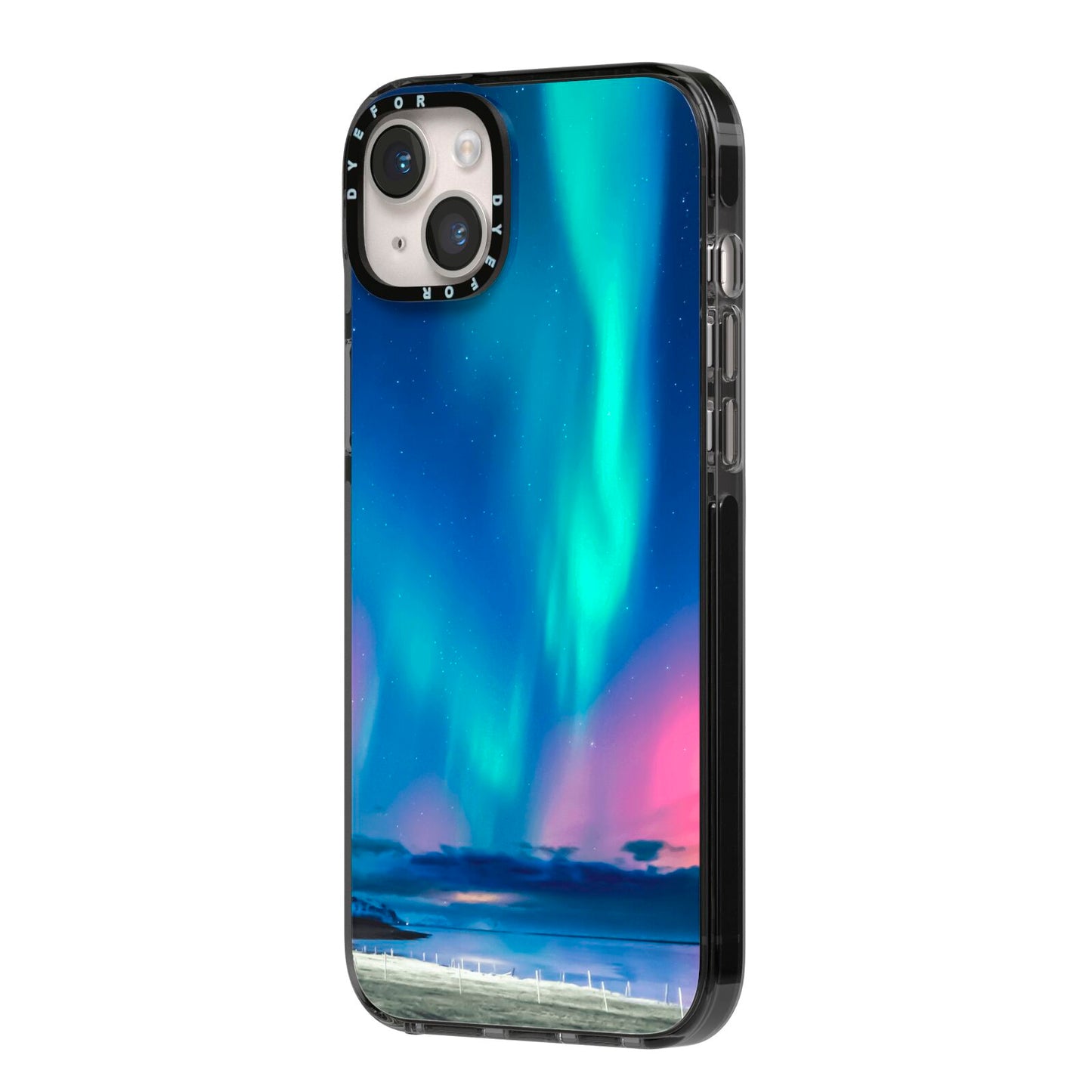 The Northern Lights iPhone 14 Plus Black Impact Case Side Angle on Silver phone