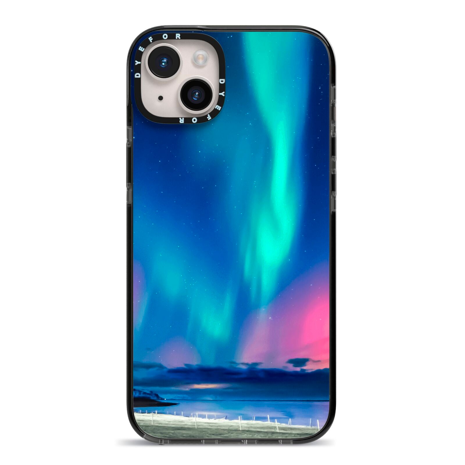 The Northern Lights iPhone 14 Plus Black Impact Case on Silver phone