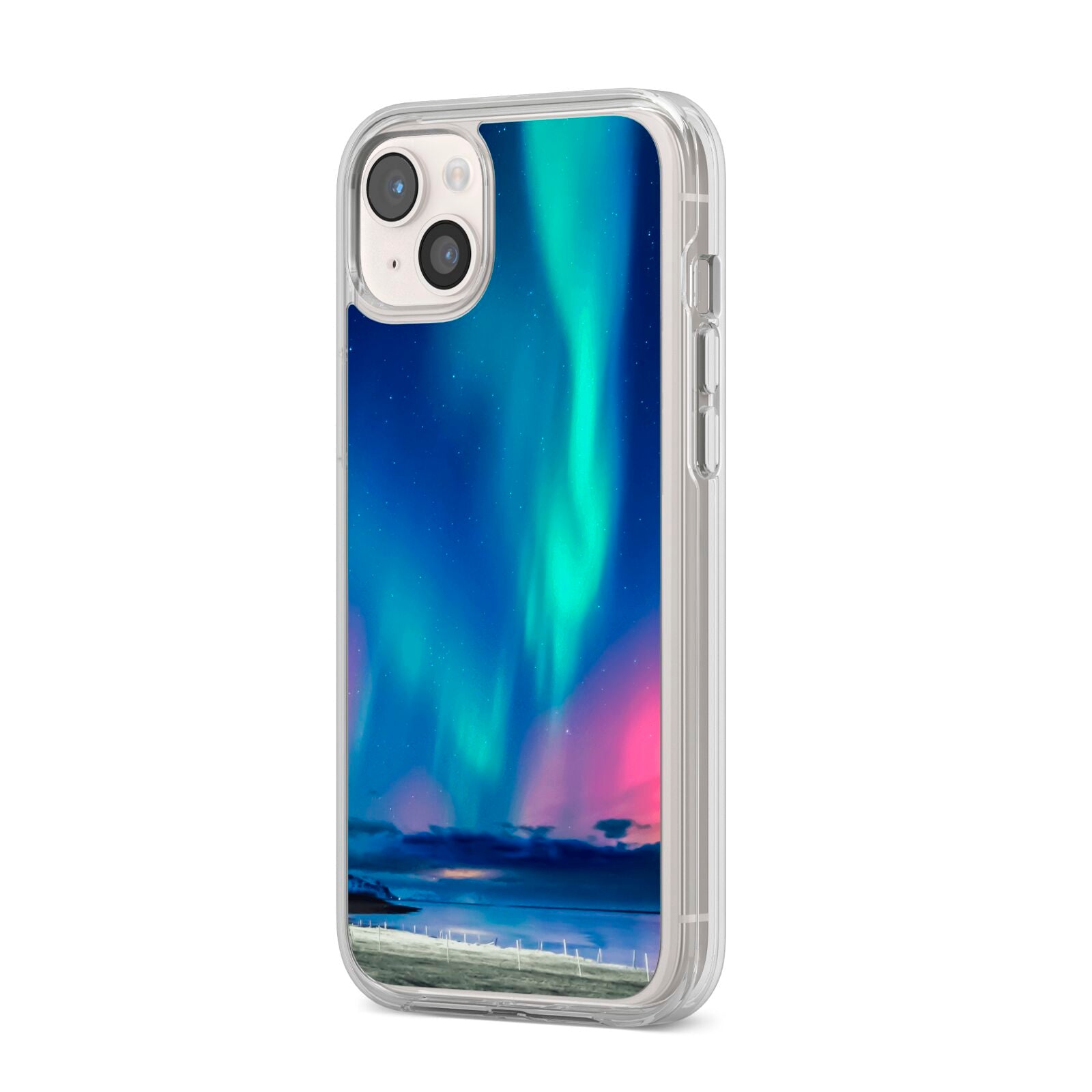 The Northern Lights iPhone 14 Plus Clear Tough Case Starlight Angled Image