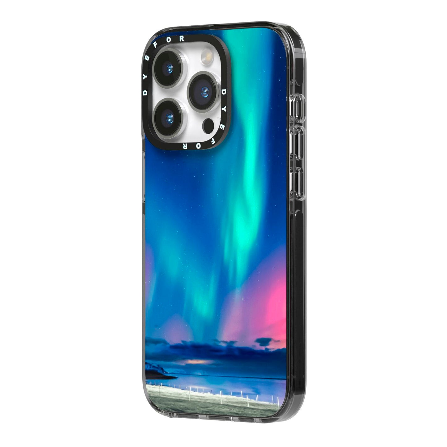 The Northern Lights iPhone 14 Pro Black Impact Case Side Angle on Silver phone