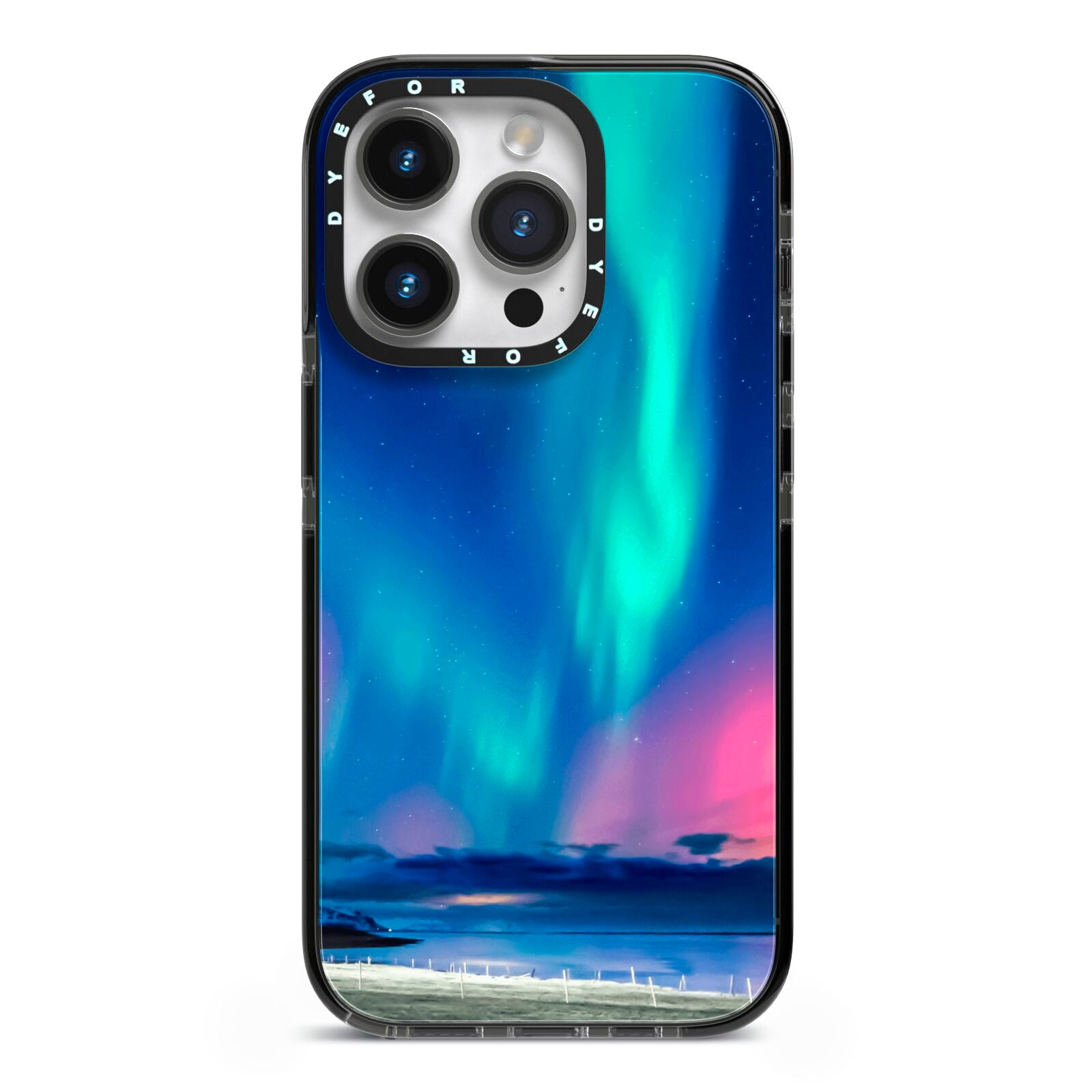 The Northern Lights iPhone 14 Pro Black Impact Case on Silver phone