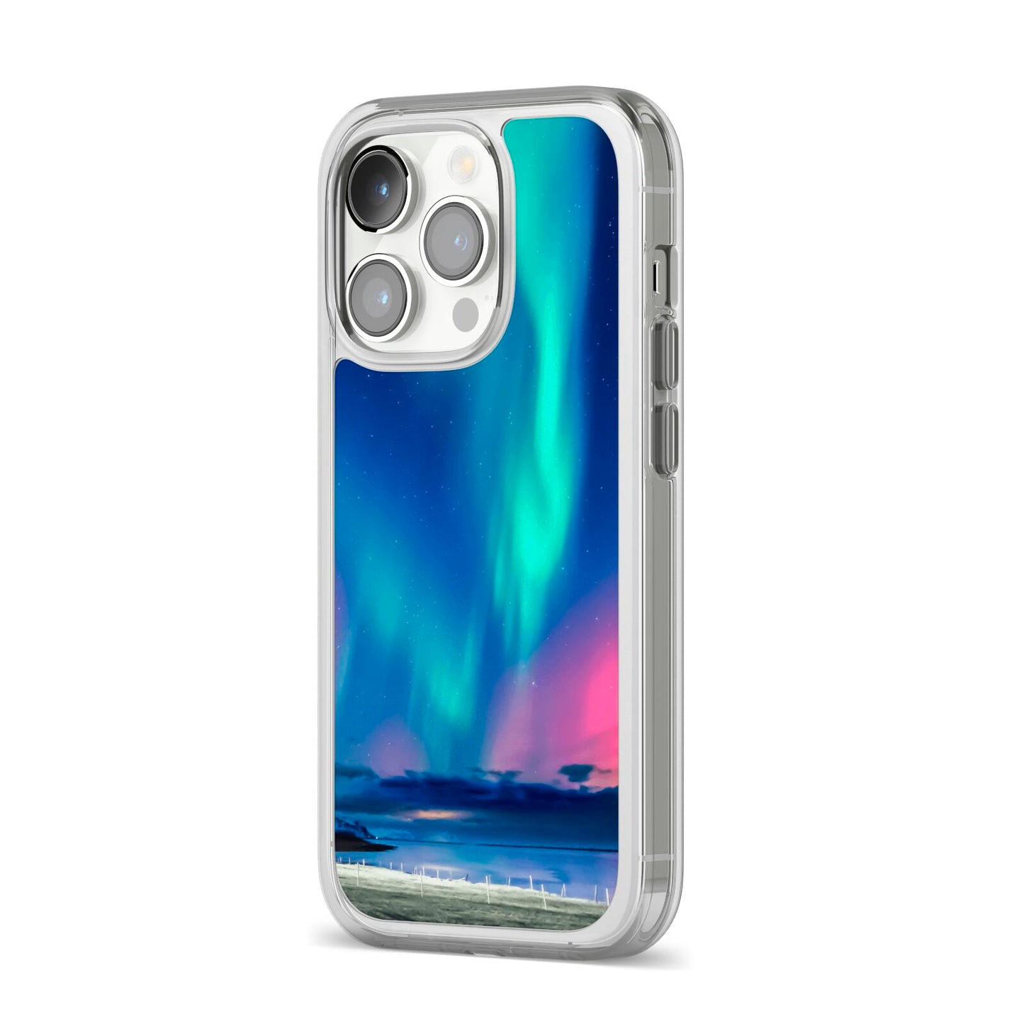 The Northern Lights iPhone 14 Pro Clear Tough Case Silver Angled Image