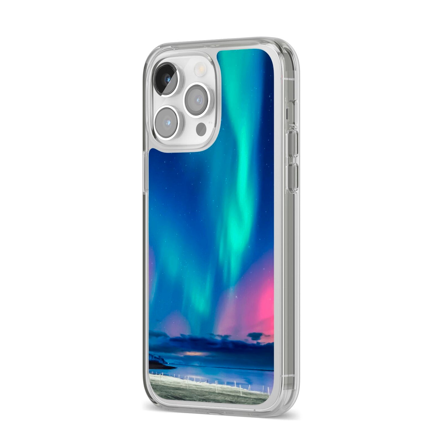 The Northern Lights iPhone 14 Pro Max Clear Tough Case Silver Angled Image