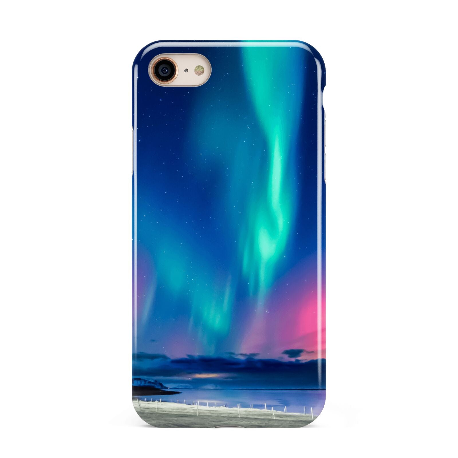 The Northern Lights iPhone 8 3D Tough Case on Gold Phone