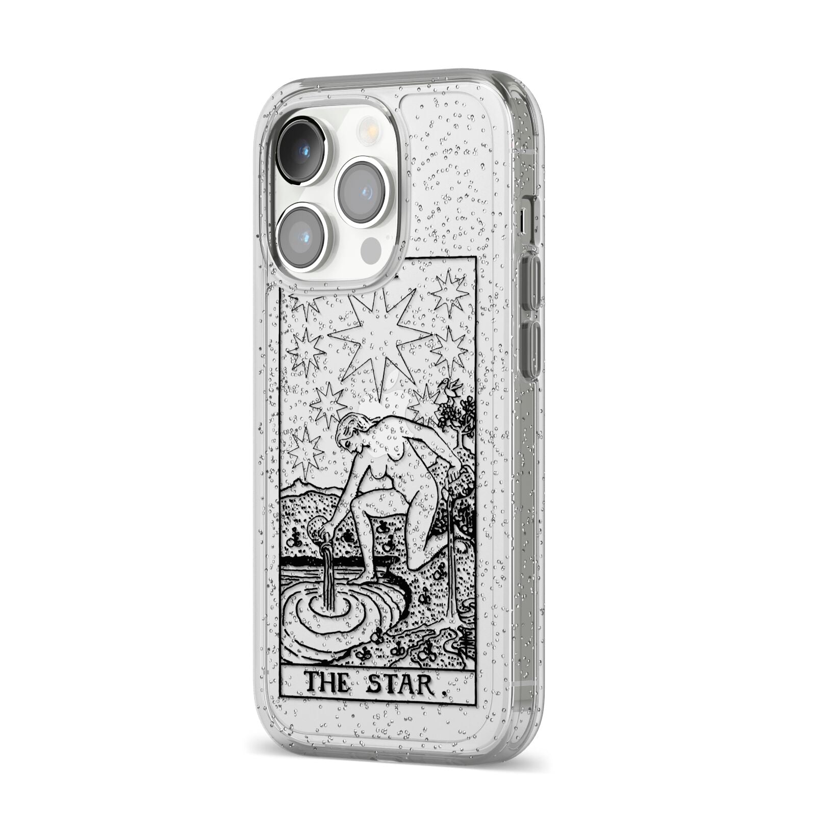 The Star Monochrome Tarot Card iPhone 14 Pro Glitter Tough Case Silver Angled Image