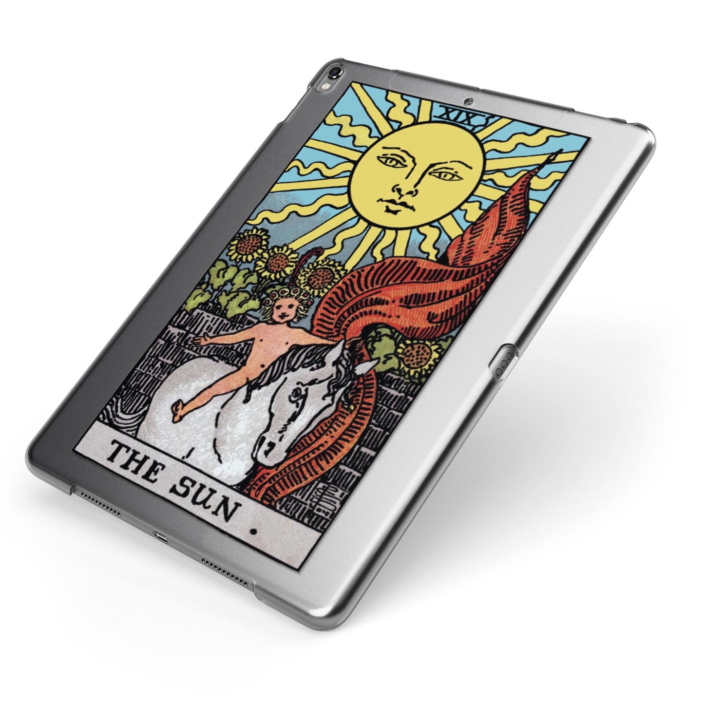 The Sun Tarot Card Apple iPad Case on Grey iPad Side View