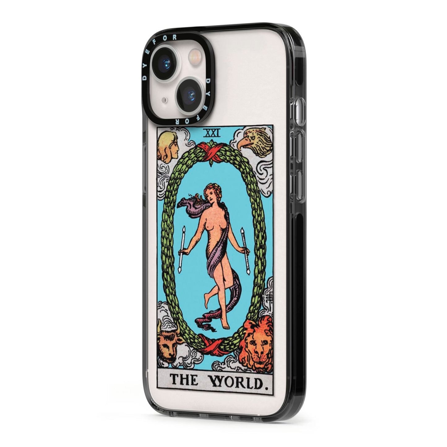 The World Tarot Card iPhone 13 Black Impact Case Side Angle on Silver phone