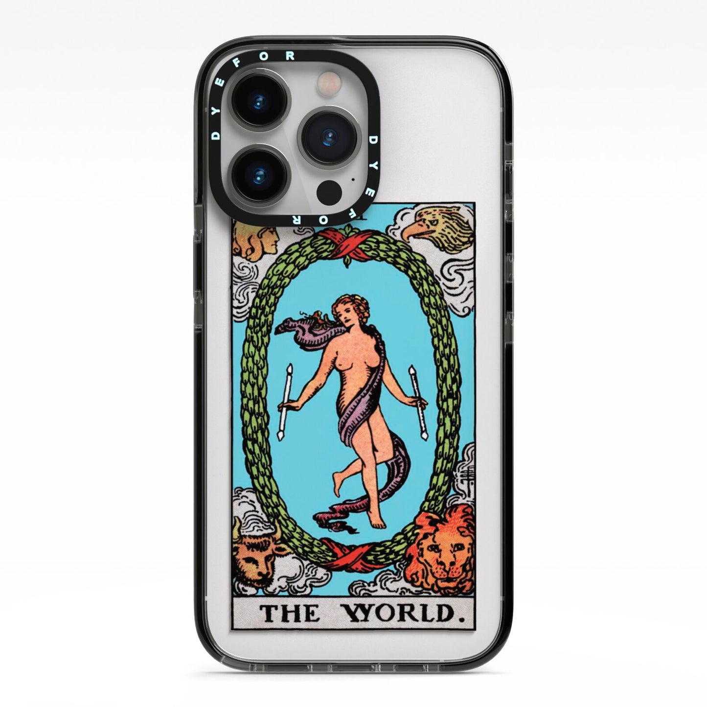 The World Tarot Card iPhone 13 Pro Black Impact Case on Silver phone