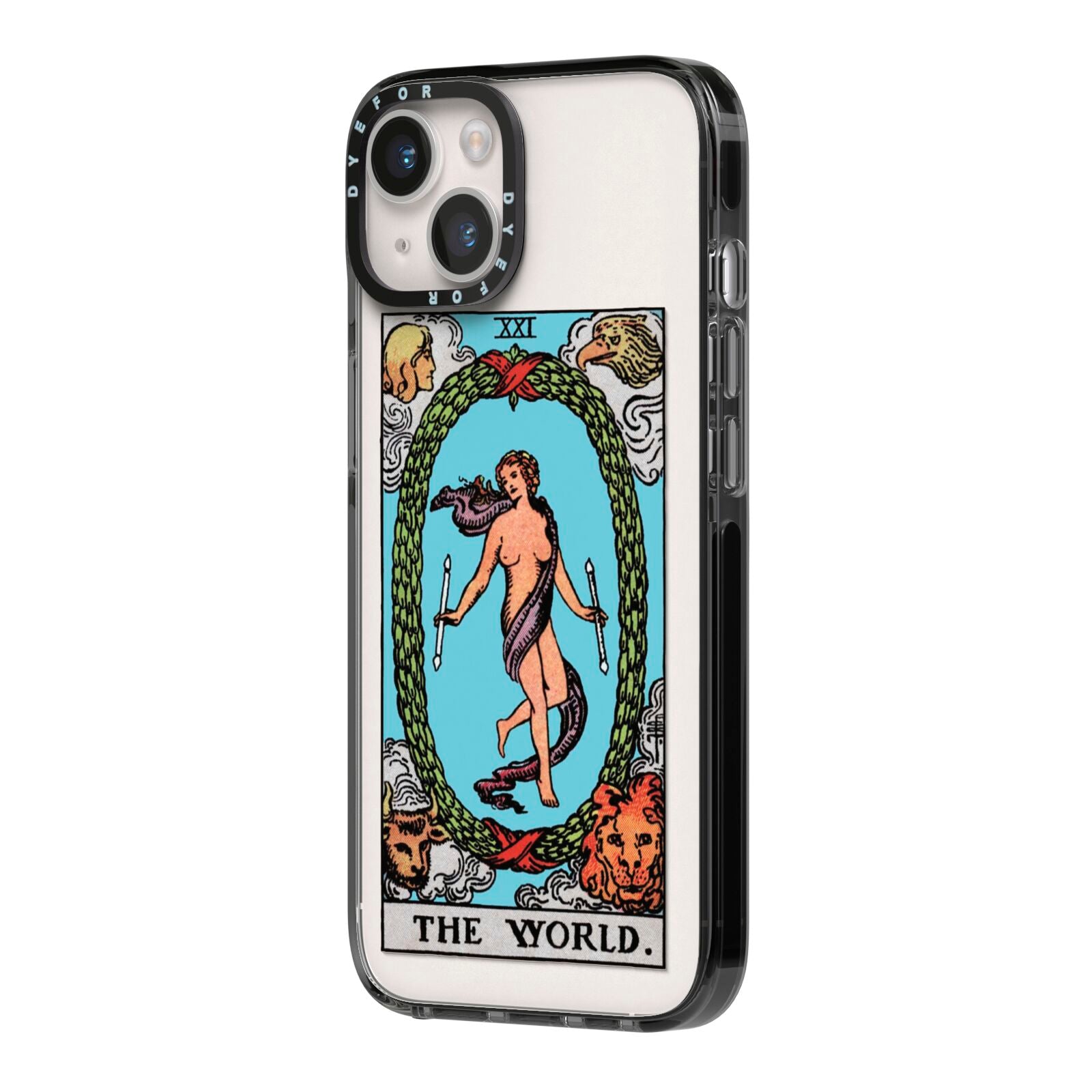 The World Tarot Card iPhone 14 Black Impact Case Side Angle on Silver phone