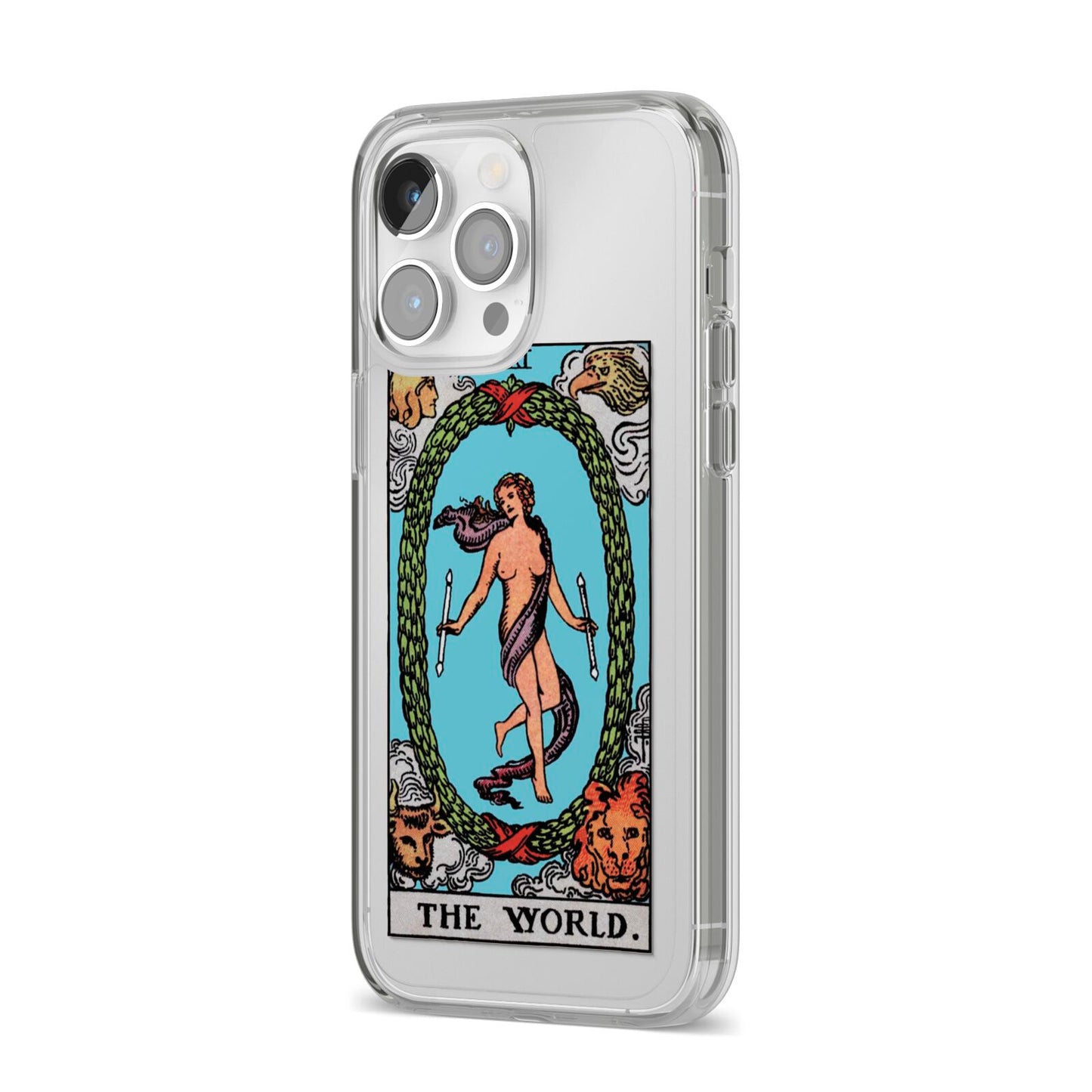The World Tarot Card iPhone 14 Pro Max Clear Tough Case Silver Angled Image