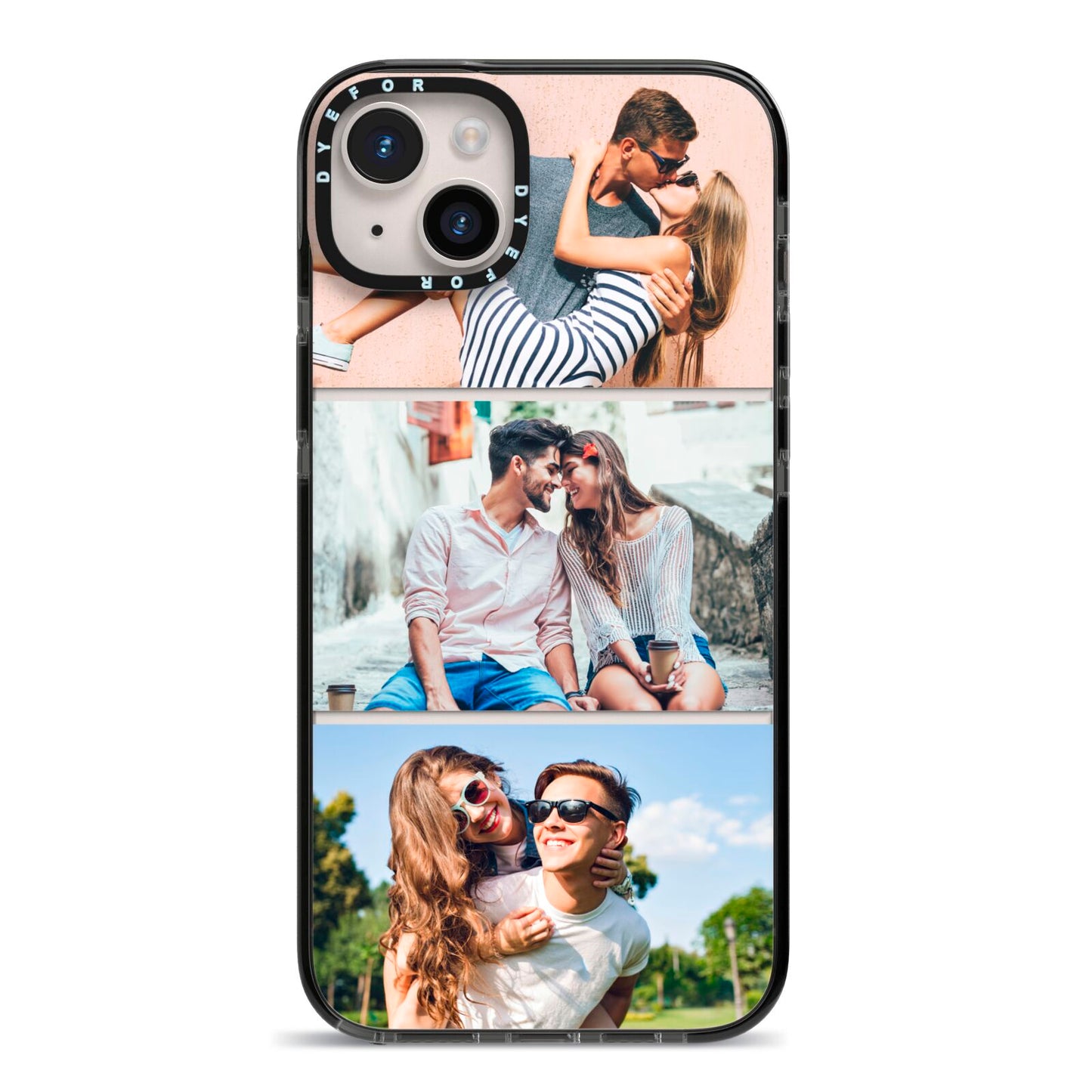 Three Photo Collage iPhone 14 Plus Black Impact Case on Silver phone