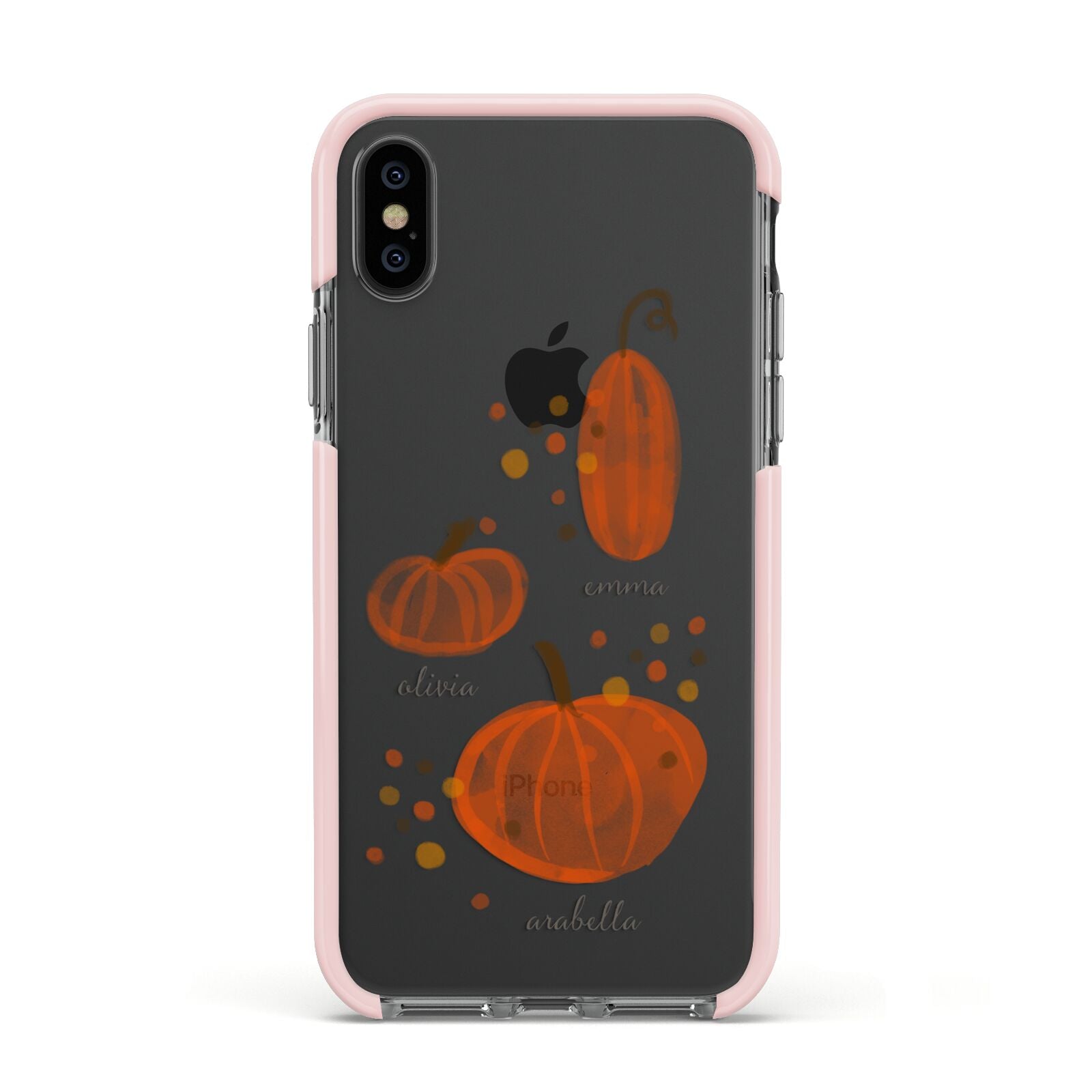 Three Pumpkins Personalised Apple iPhone Xs Impact Case Pink Edge on Black Phone