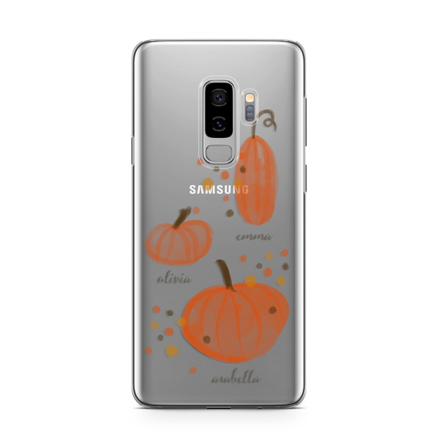 Three Pumpkins Personalised Samsung Galaxy S9 Plus Case on Silver phone