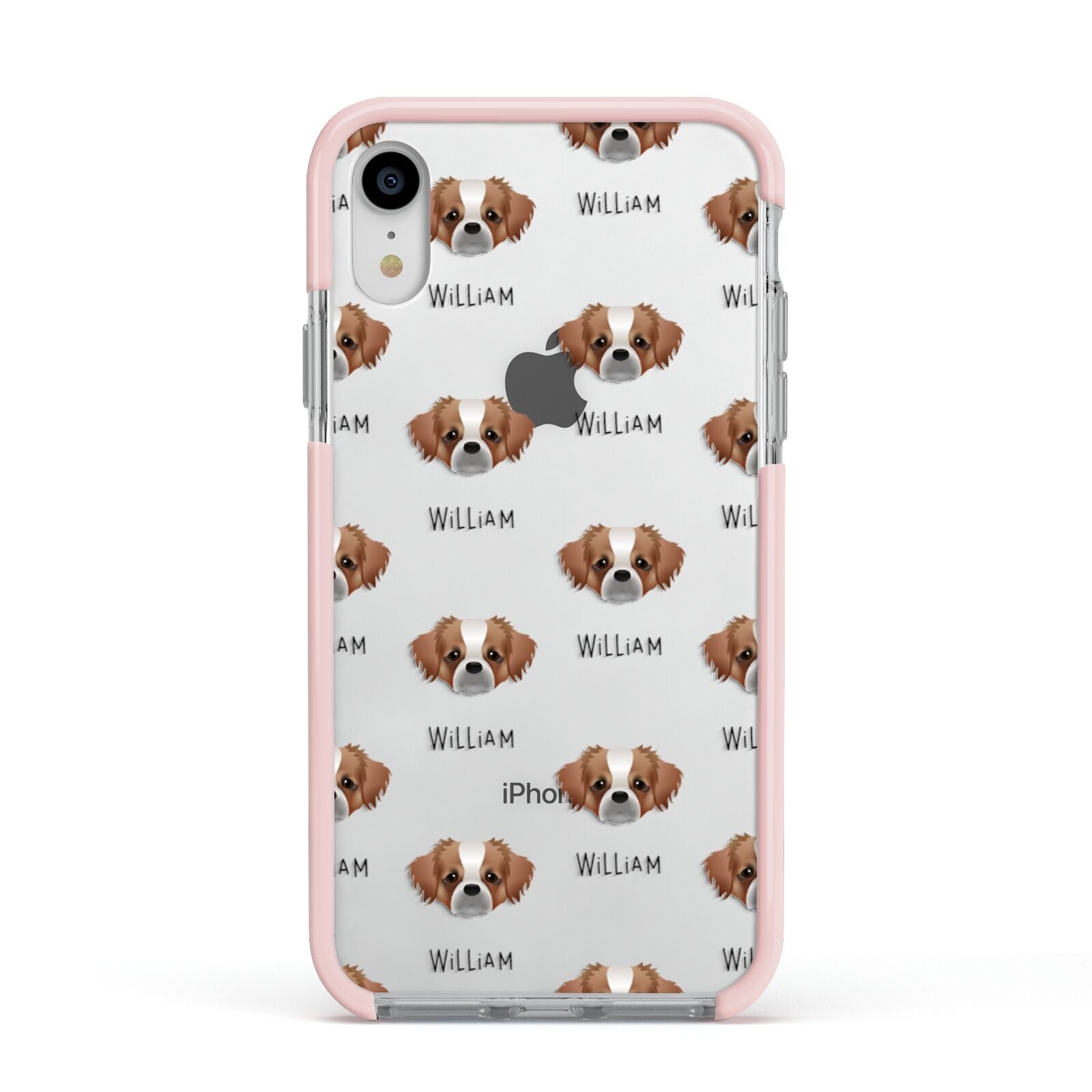 Tibetan Spaniel Icon with Name Apple iPhone XR Impact Case Pink Edge on Silver Phone