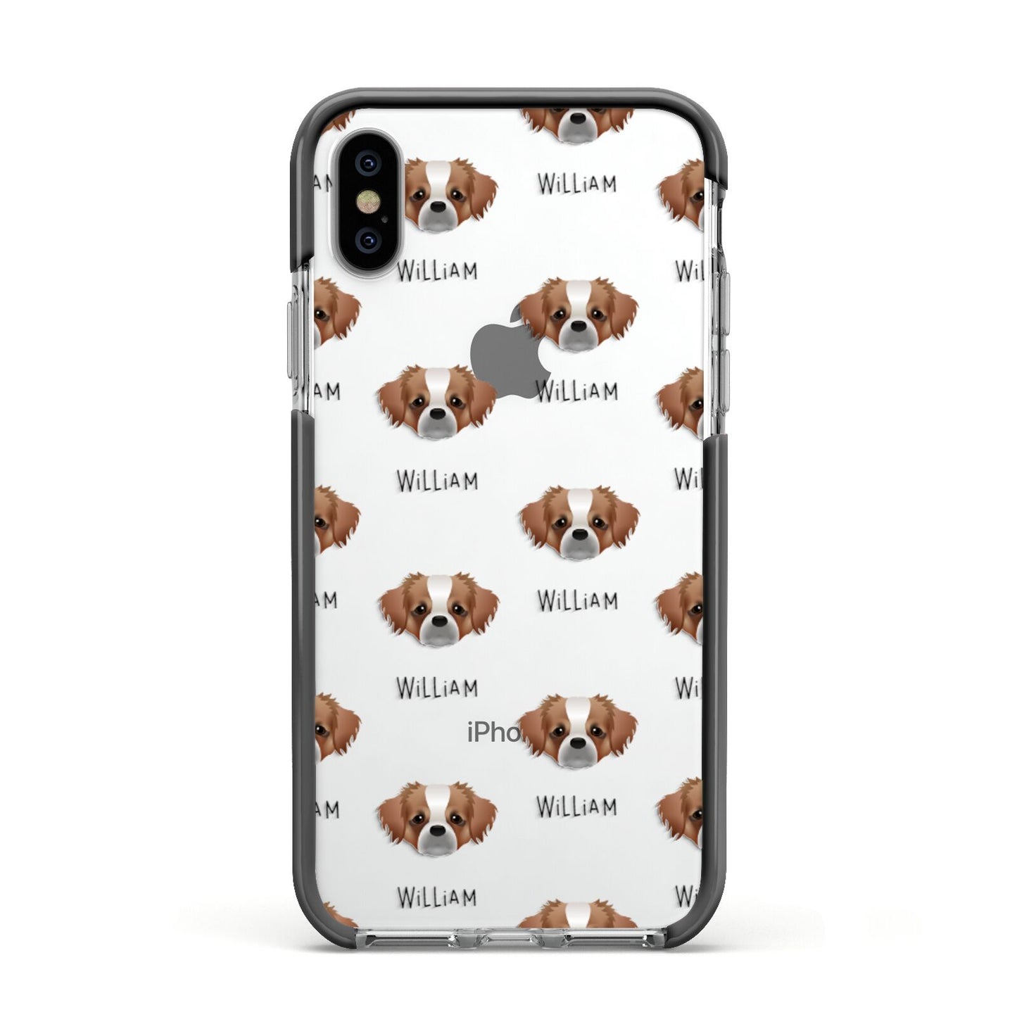 Tibetan Spaniel Icon with Name Apple iPhone Xs Impact Case Black Edge on Silver Phone