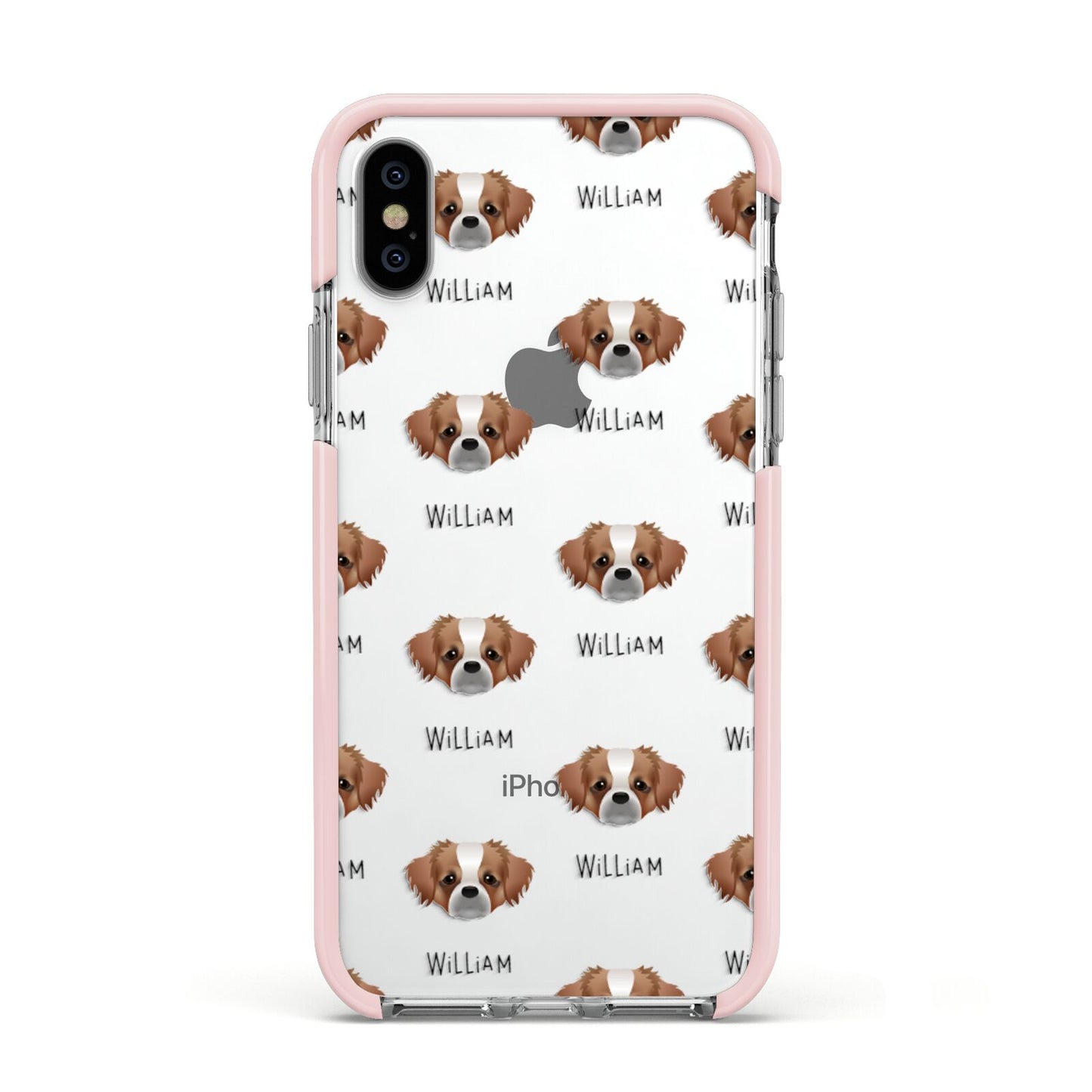 Tibetan Spaniel Icon with Name Apple iPhone Xs Impact Case Pink Edge on Silver Phone