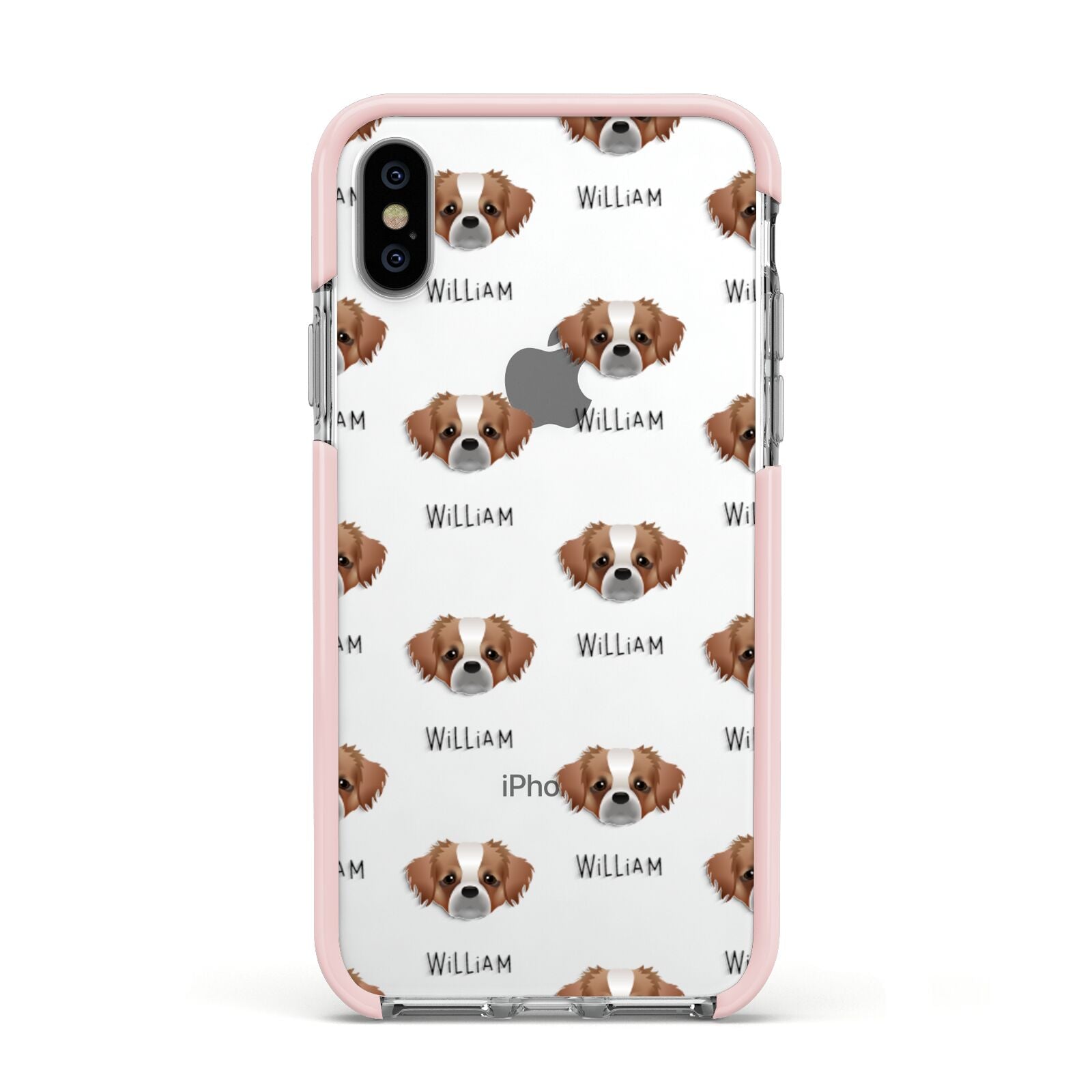 Tibetan Spaniel Icon with Name Apple iPhone Xs Impact Case Pink Edge on Silver Phone