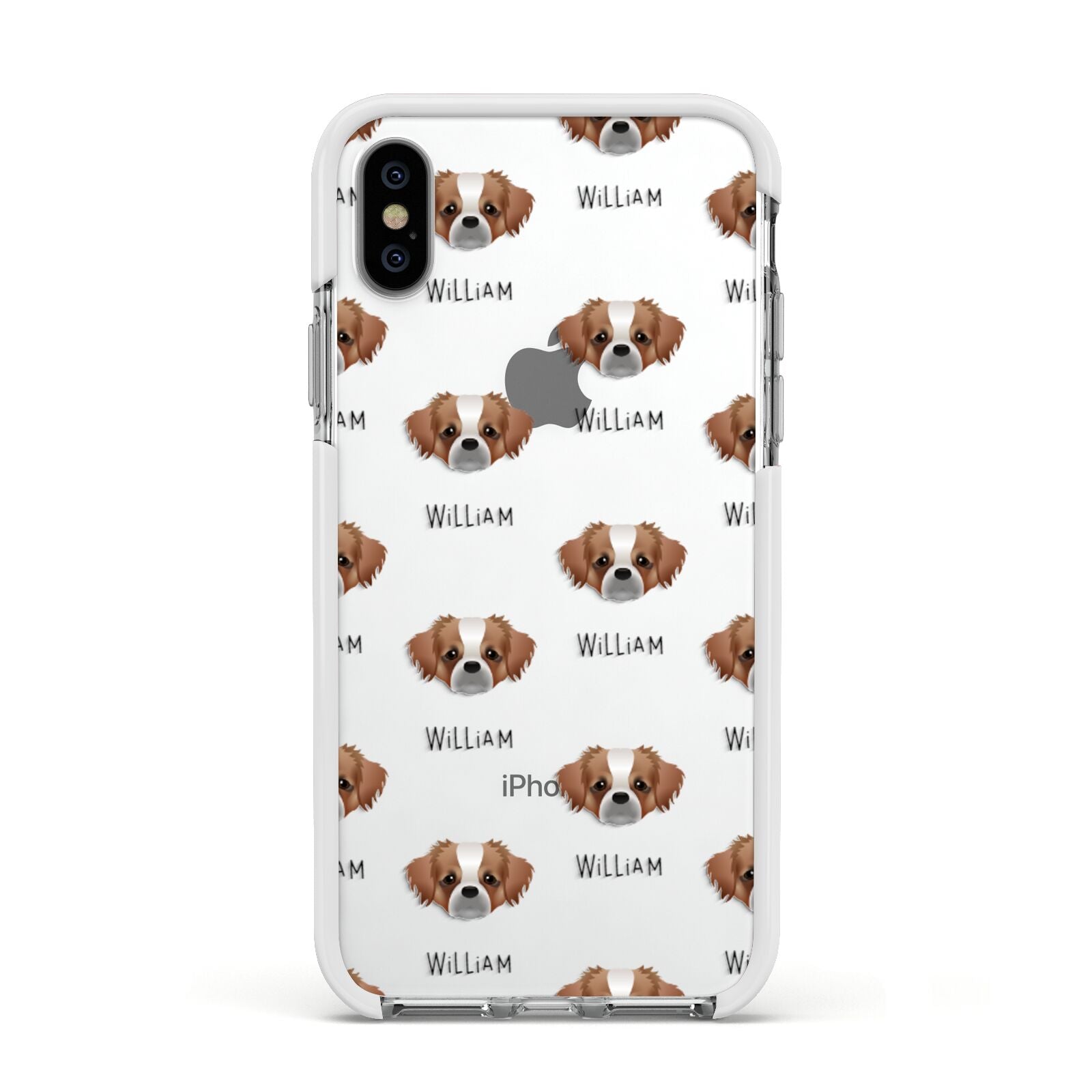 Tibetan Spaniel Icon with Name Apple iPhone Xs Impact Case White Edge on Silver Phone