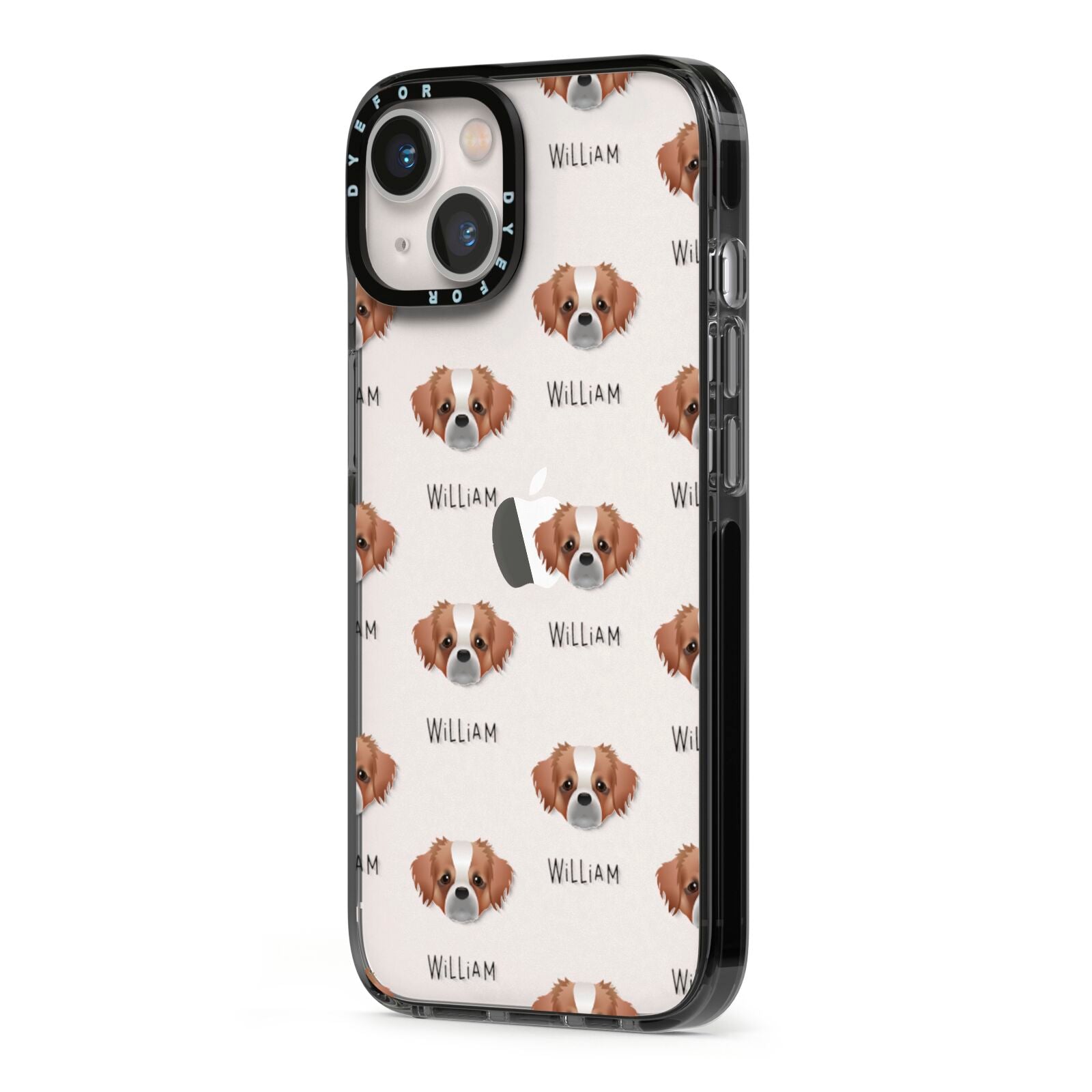 Tibetan Spaniel Icon with Name iPhone 13 Black Impact Case Side Angle on Silver phone