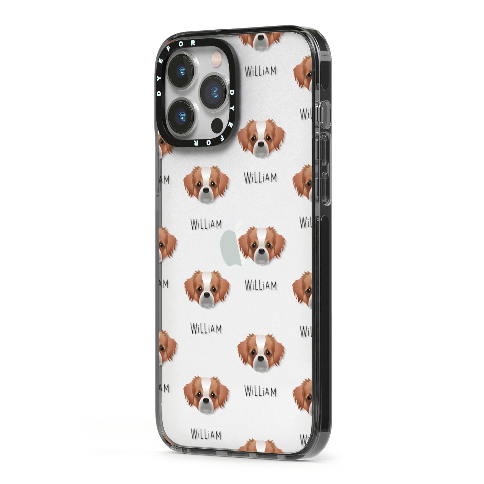 Tibetan Spaniel Icon with Name iPhone 13 Pro Max Black Impact Case Side Angle on Silver phone