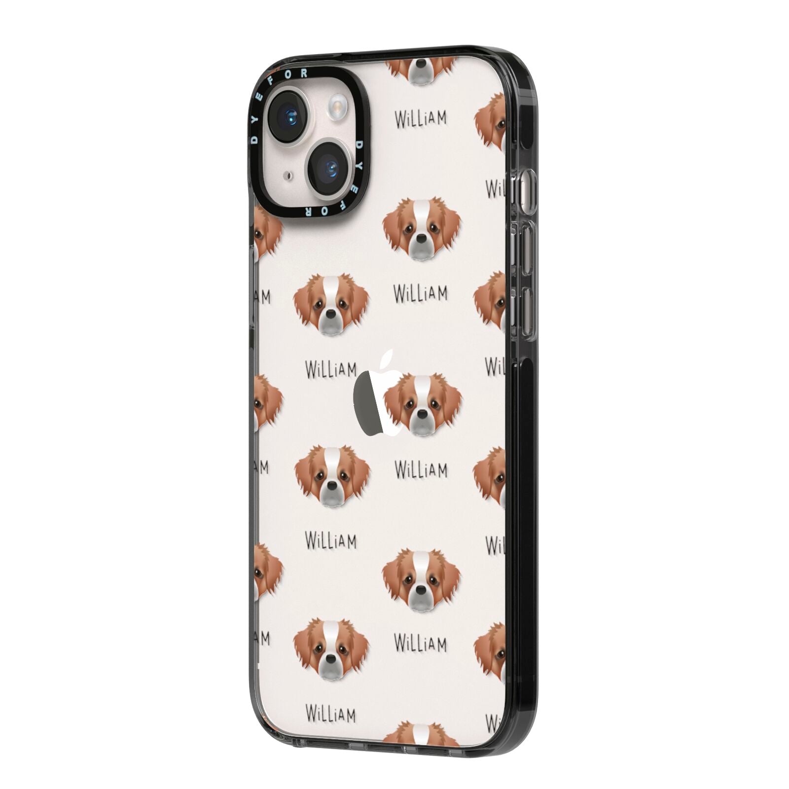 Tibetan Spaniel Icon with Name iPhone 14 Plus Black Impact Case Side Angle on Silver phone