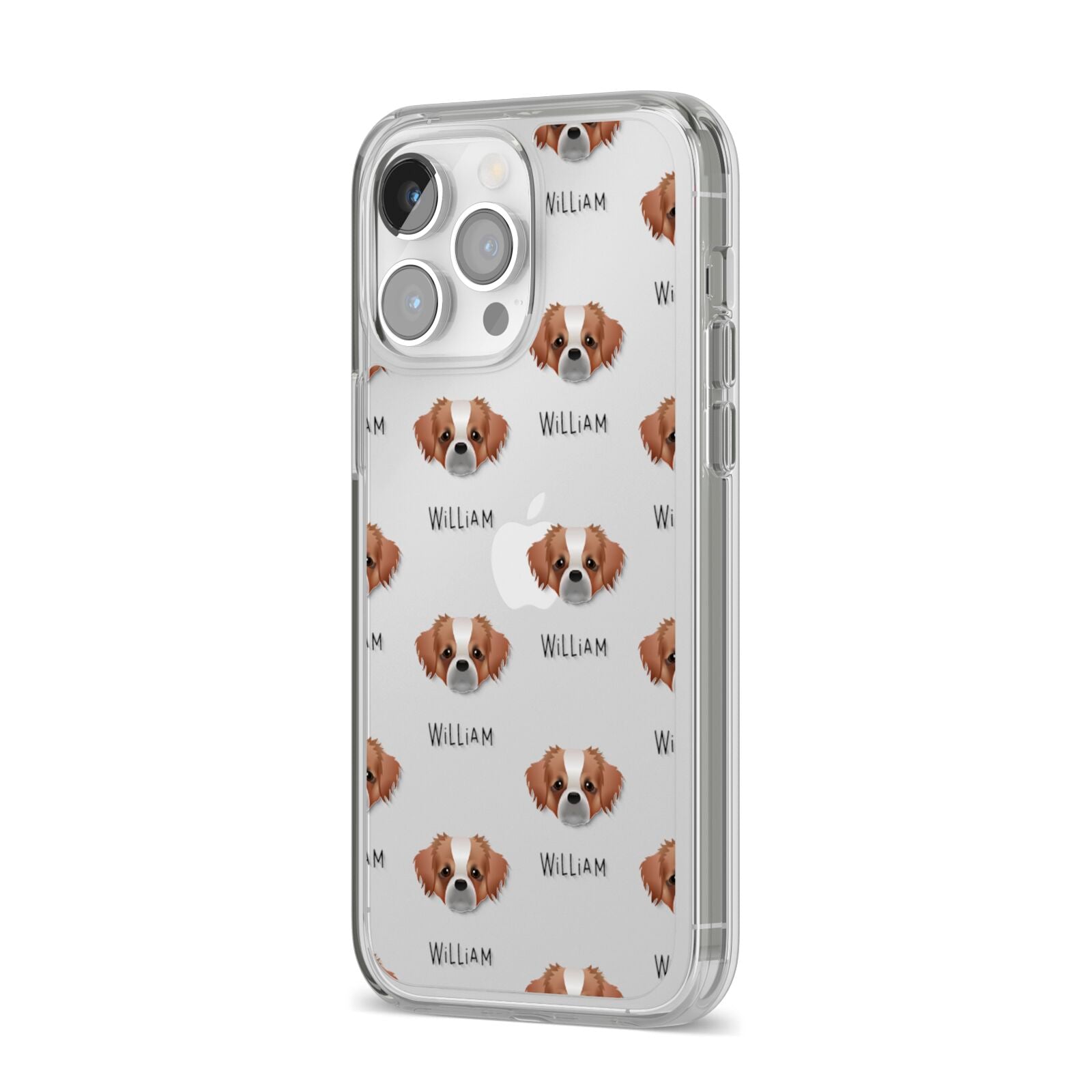 Tibetan Spaniel Icon with Name iPhone 14 Pro Max Clear Tough Case Silver Angled Image