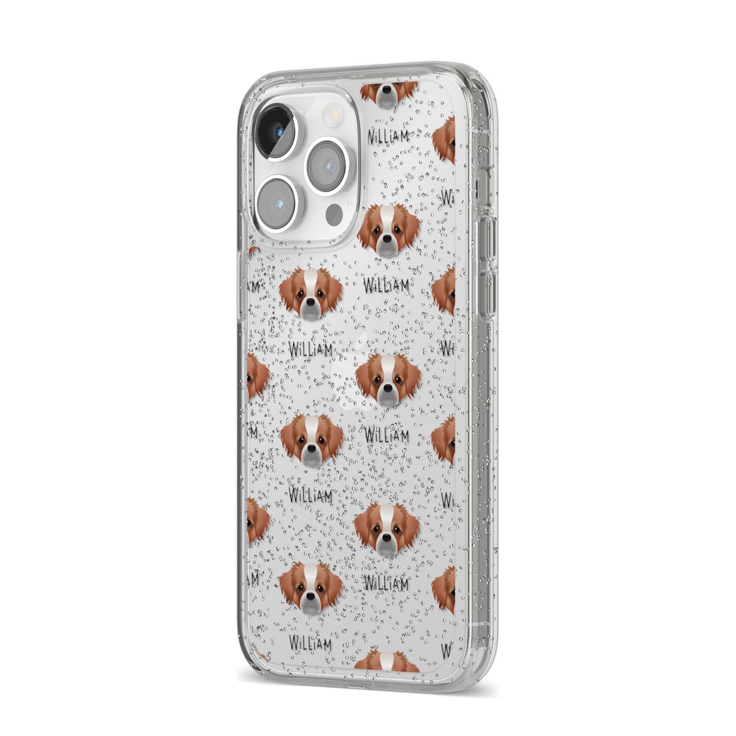 Tibetan Spaniel Icon with Name iPhone 14 Pro Max Glitter Tough Case Silver Angled Image