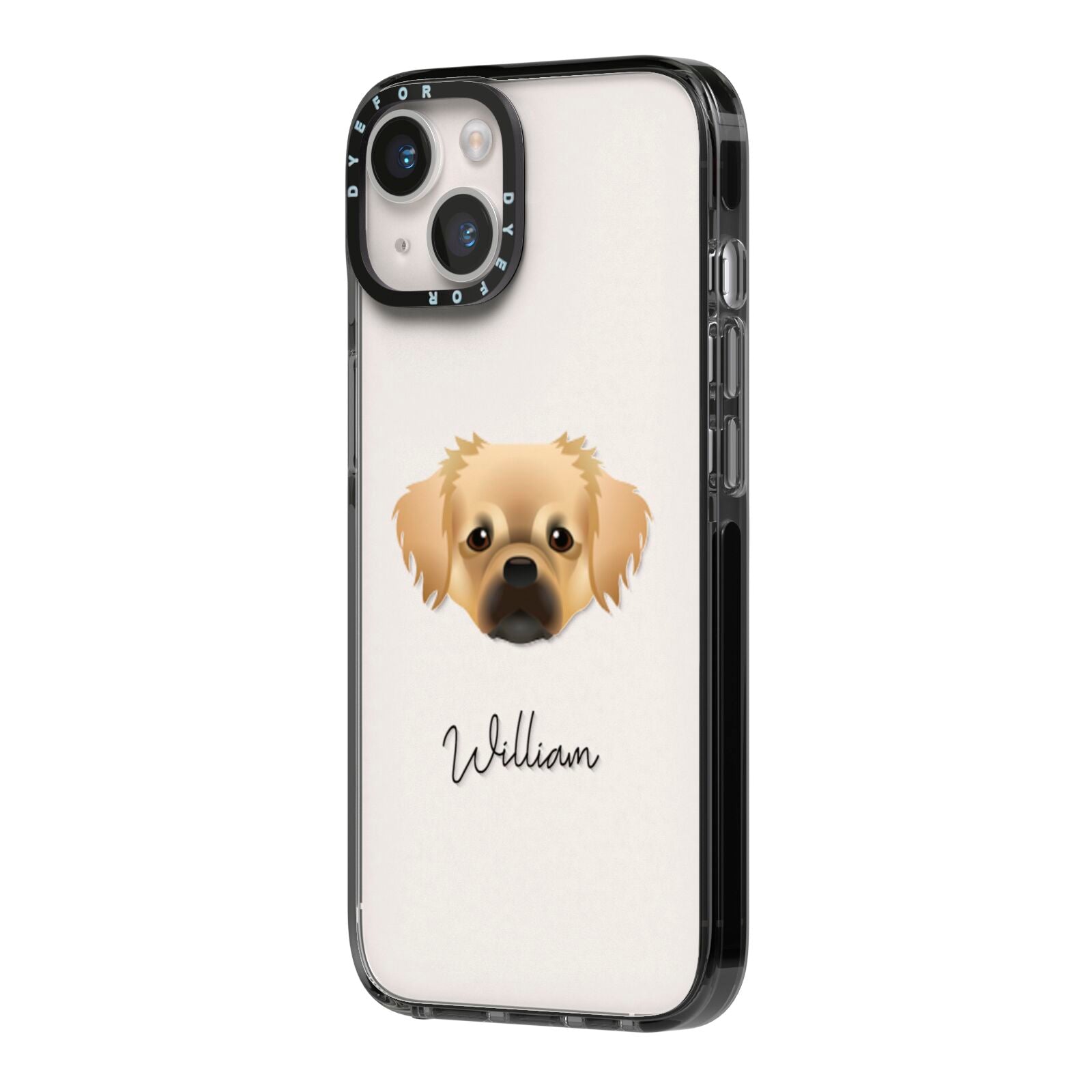 Tibetan Spaniel Personalised iPhone 14 Black Impact Case Side Angle on Silver phone