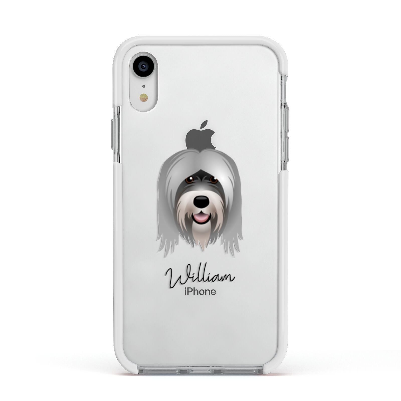 Tibetan Terrier Personalised Apple iPhone XR Impact Case White Edge on Silver Phone