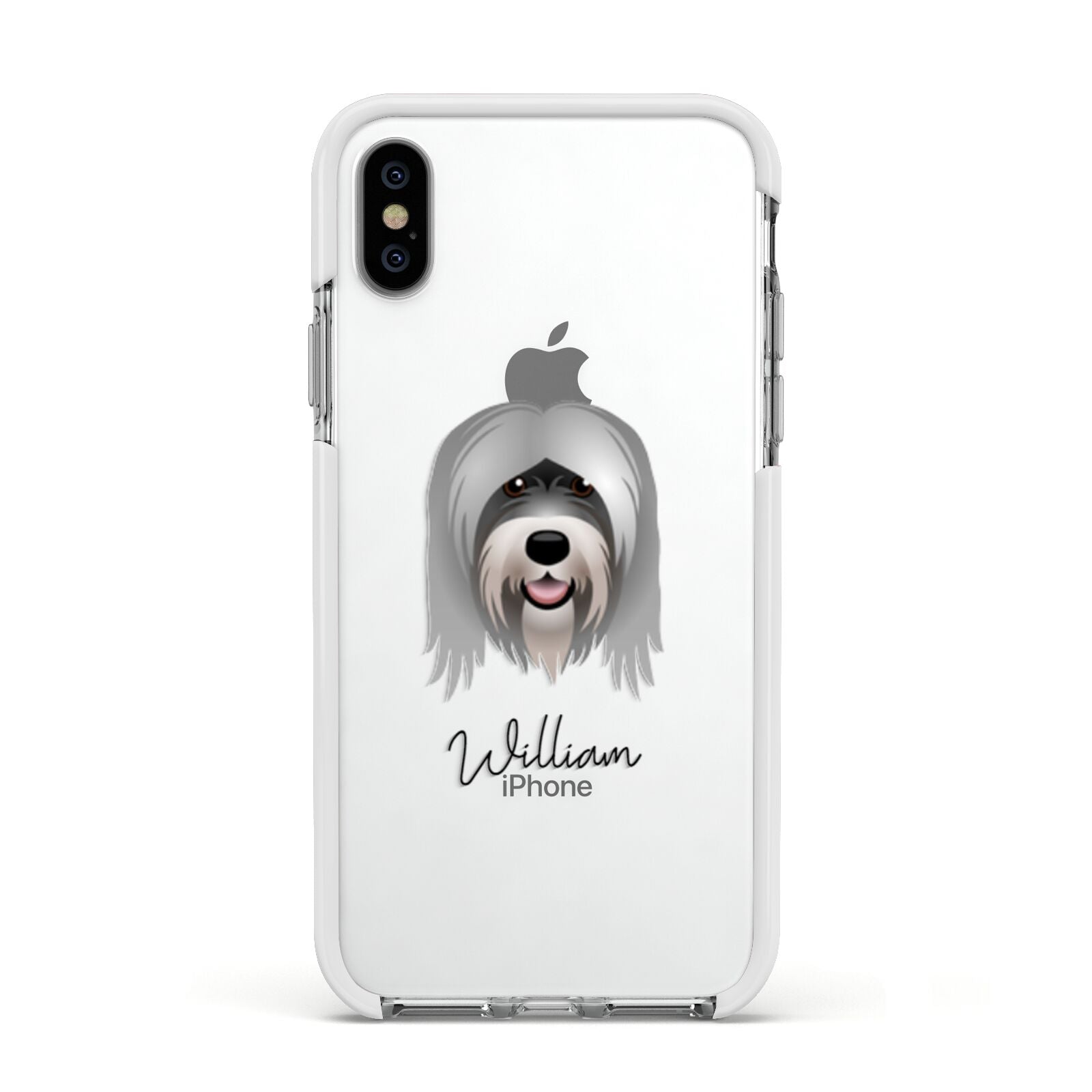 Tibetan Terrier Personalised Apple iPhone Xs Impact Case White Edge on Silver Phone