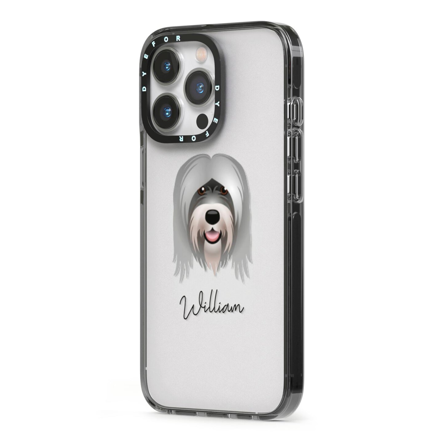 Tibetan Terrier Personalised iPhone 13 Pro Black Impact Case Side Angle on Silver phone