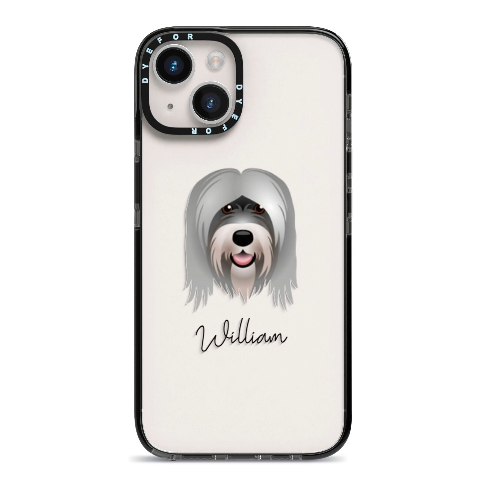 Tibetan Terrier Personalised iPhone 14 Black Impact Case on Silver phone