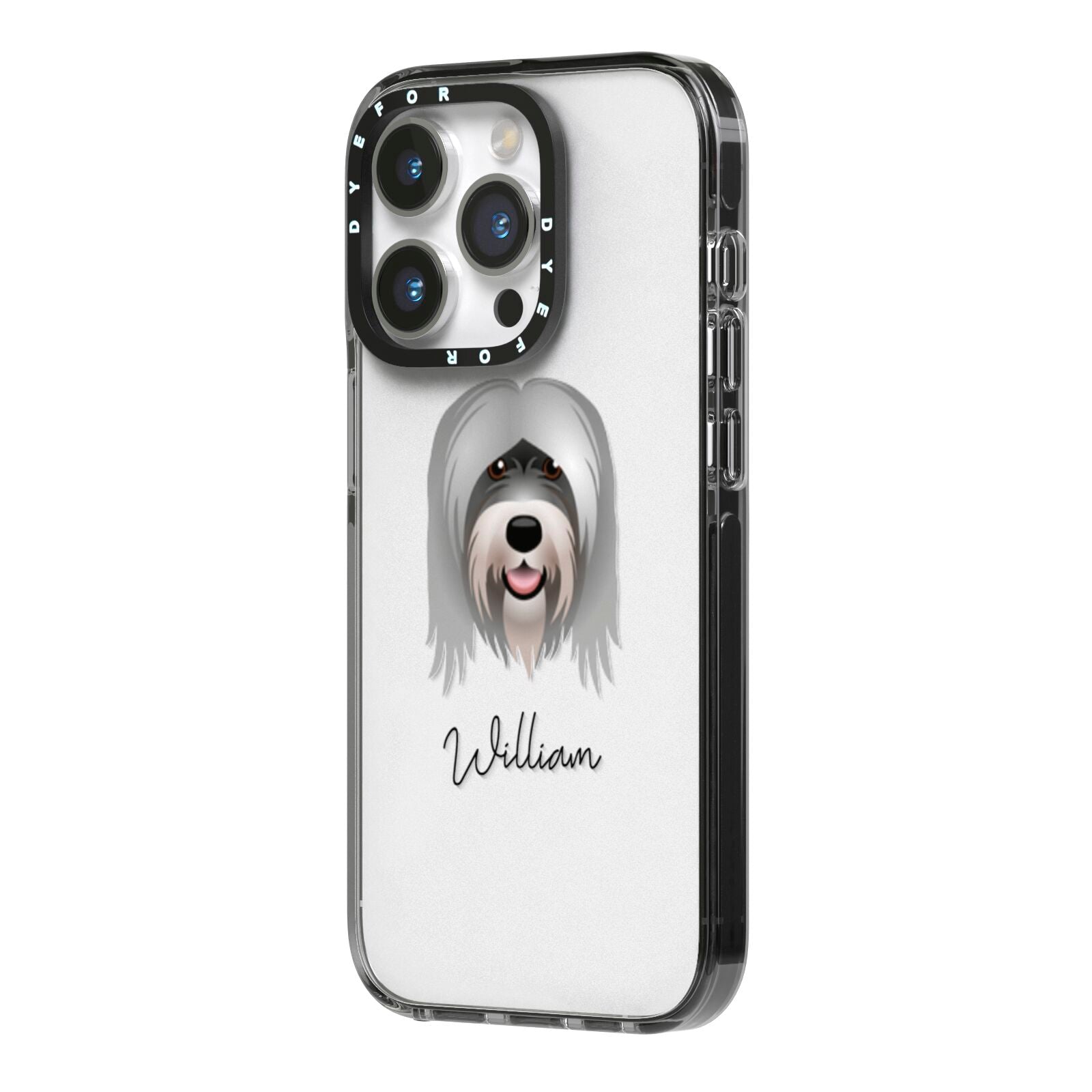 Tibetan Terrier Personalised iPhone 14 Pro Black Impact Case Side Angle on Silver phone