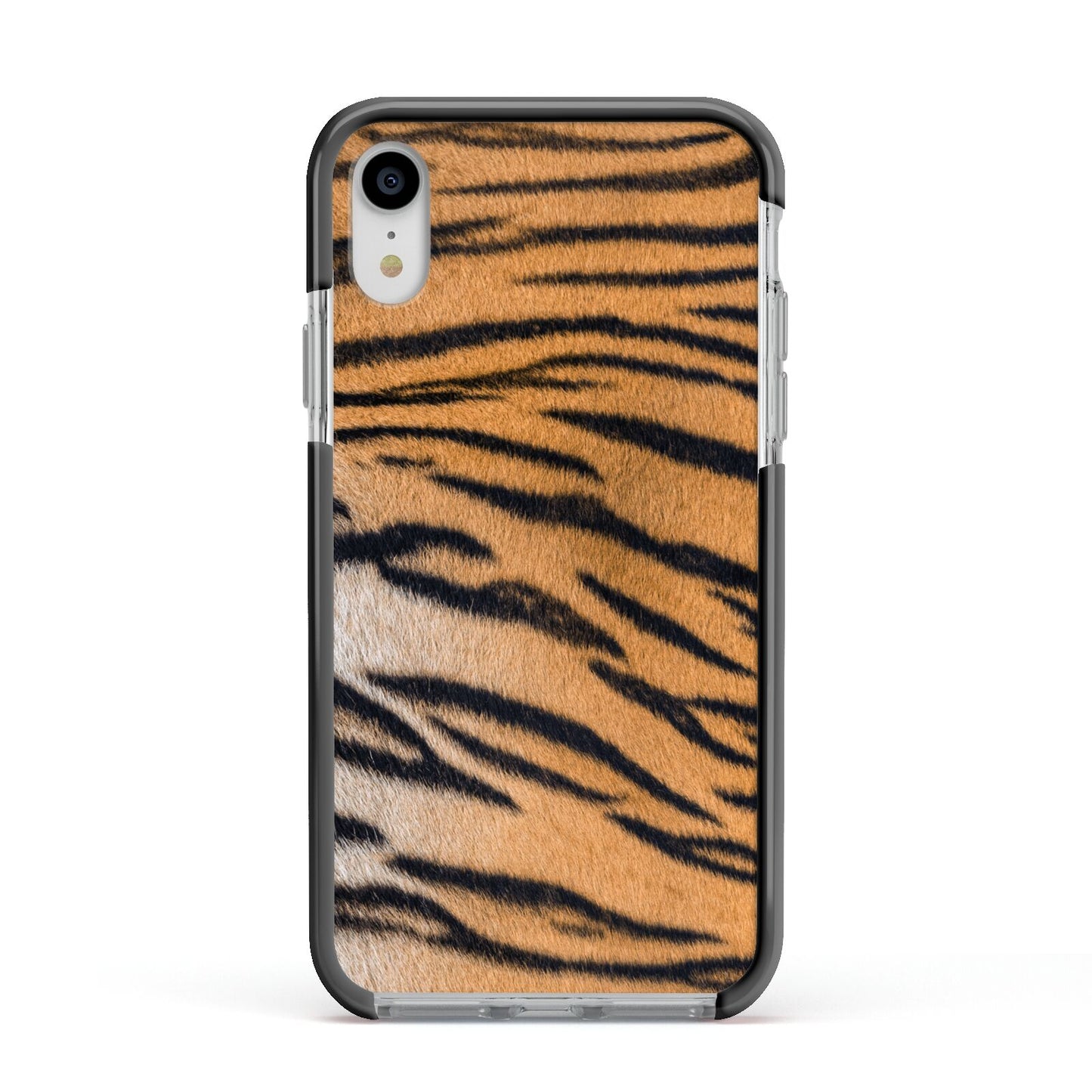 Tiger Print Apple iPhone XR Impact Case Black Edge on Silver Phone