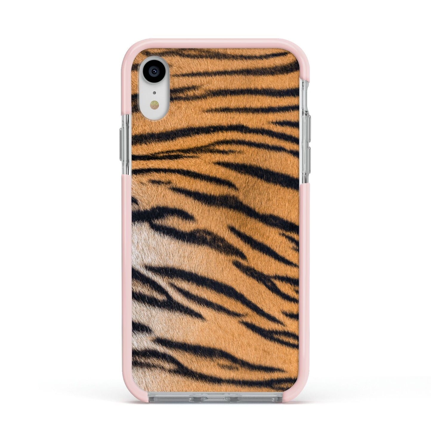 Tiger Print Apple iPhone XR Impact Case Pink Edge on Silver Phone