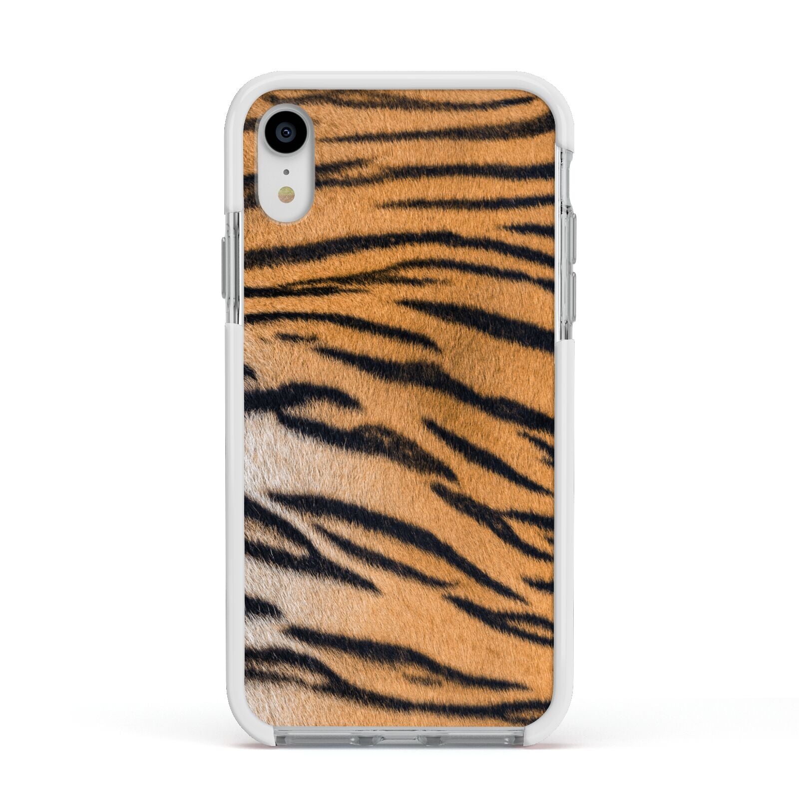 Tiger Print Apple iPhone XR Impact Case White Edge on Silver Phone