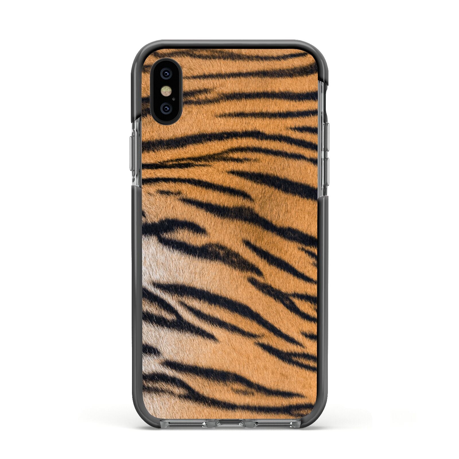 Tiger Print Apple iPhone Xs Impact Case Black Edge on Black Phone