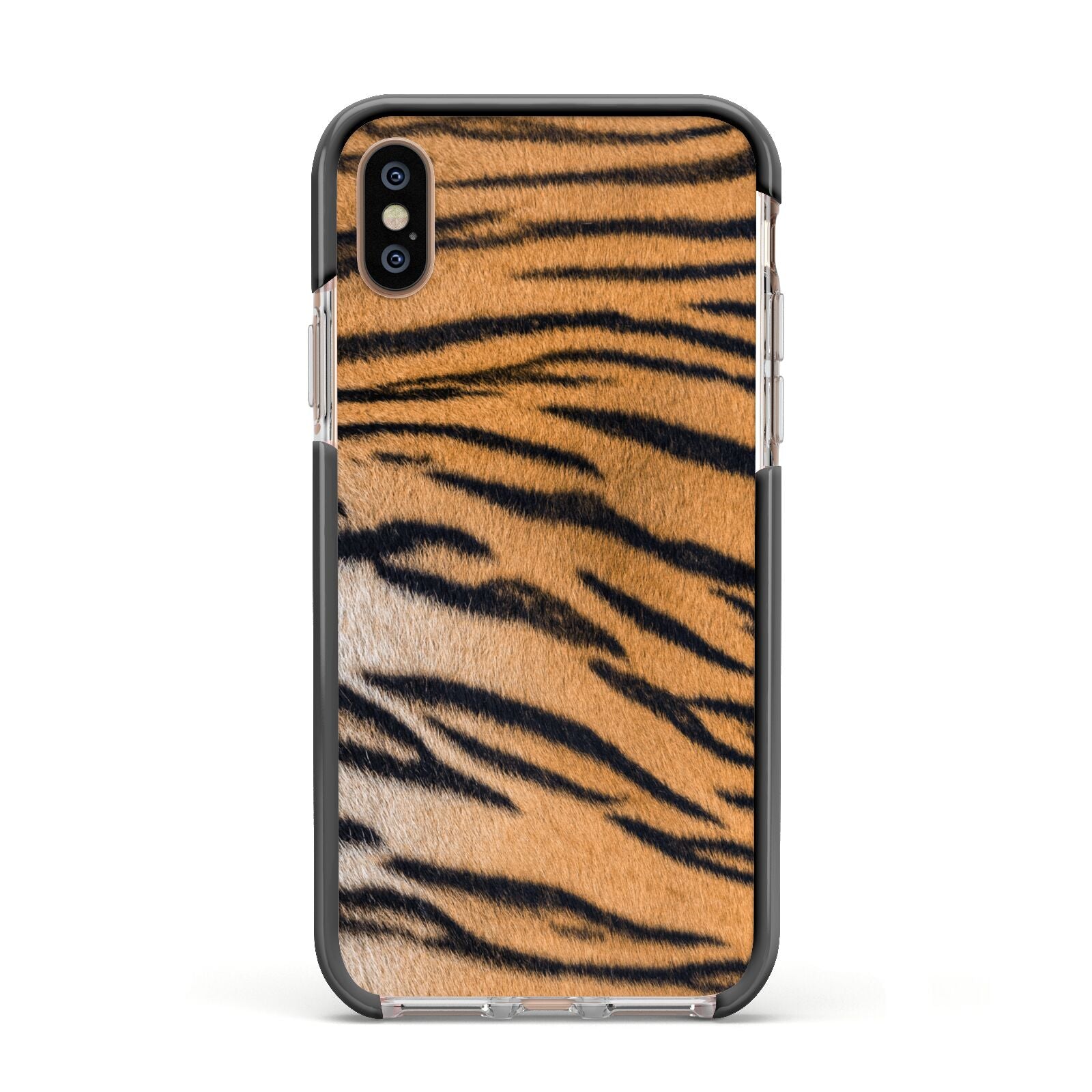 Tiger Print Apple iPhone Xs Impact Case Black Edge on Gold Phone