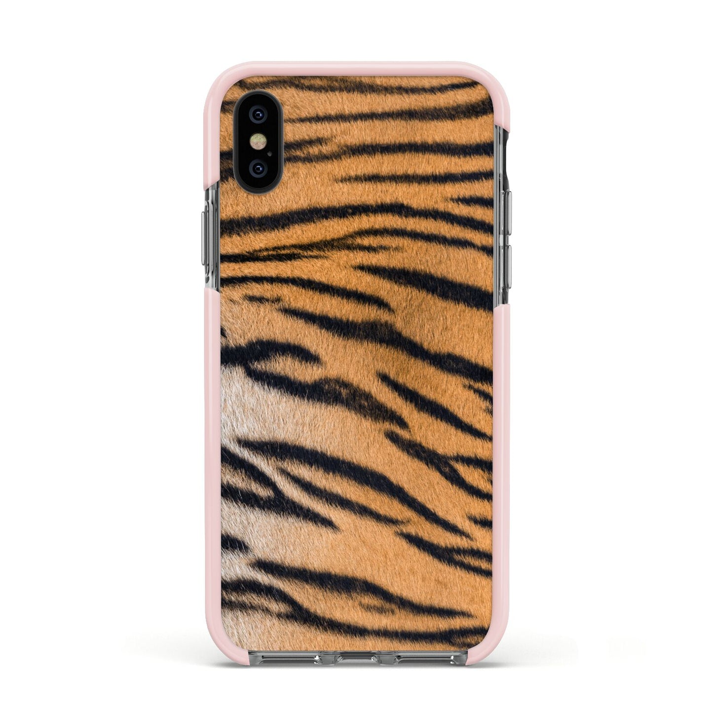 Tiger Print Apple iPhone Xs Impact Case Pink Edge on Black Phone