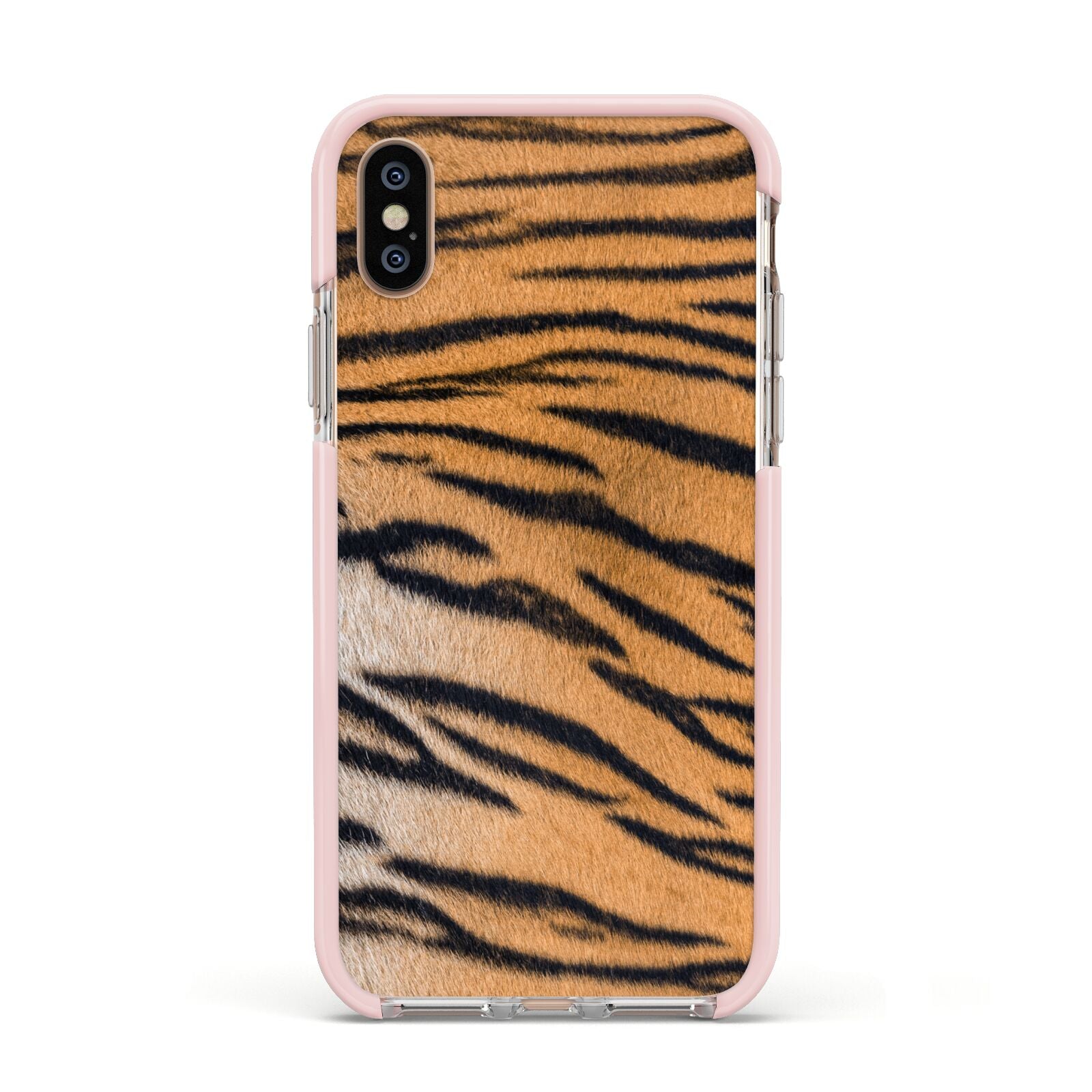 Tiger Print Apple iPhone Xs Impact Case Pink Edge on Gold Phone