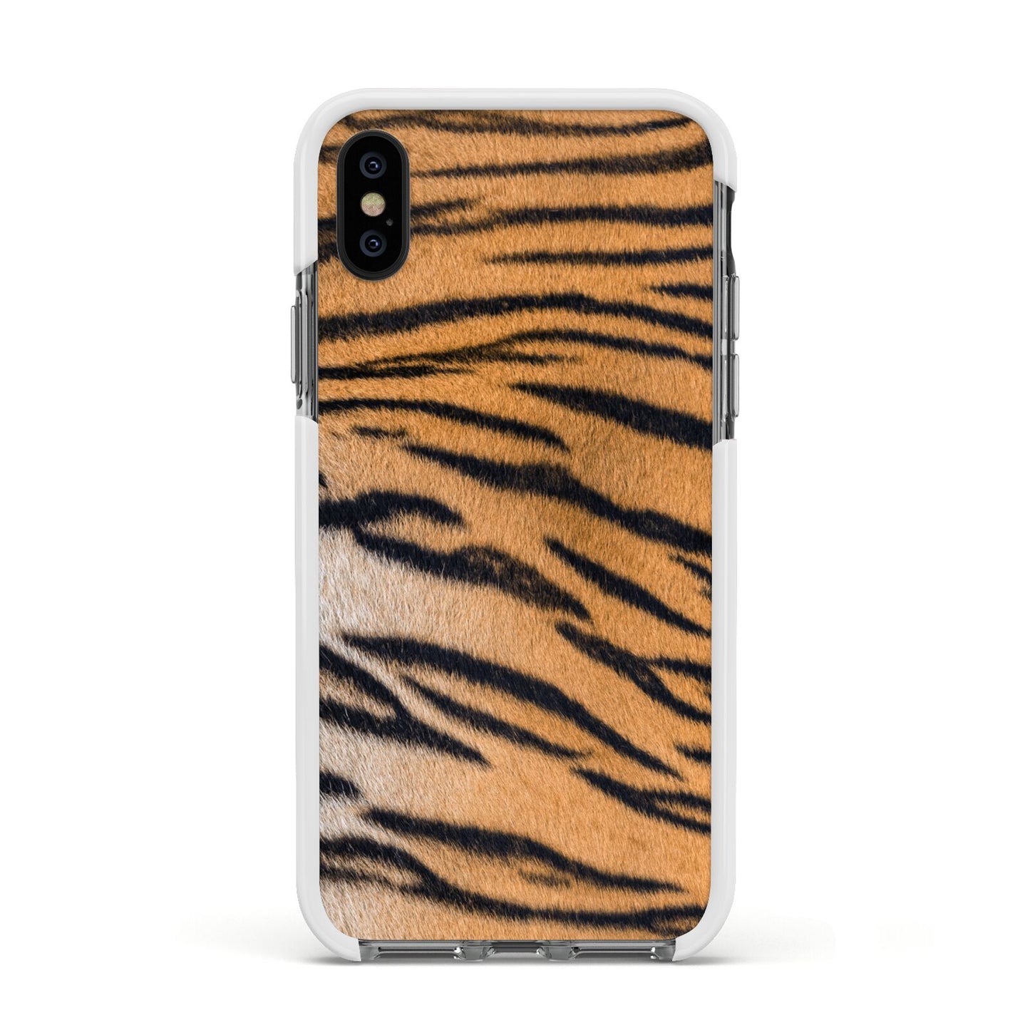 Tiger Print Apple iPhone Xs Impact Case White Edge on Black Phone