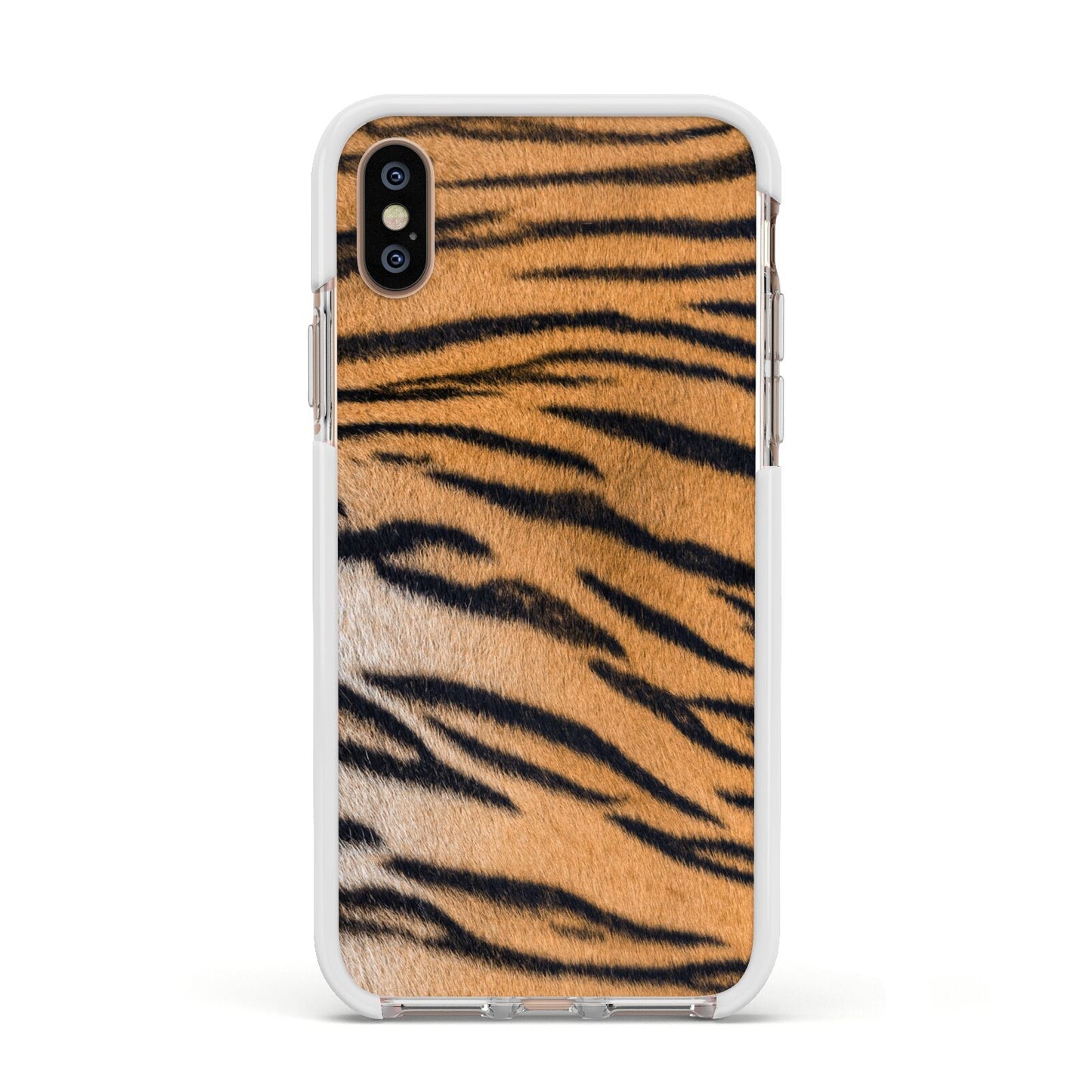 Tiger Print Apple iPhone Xs Impact Case White Edge on Gold Phone