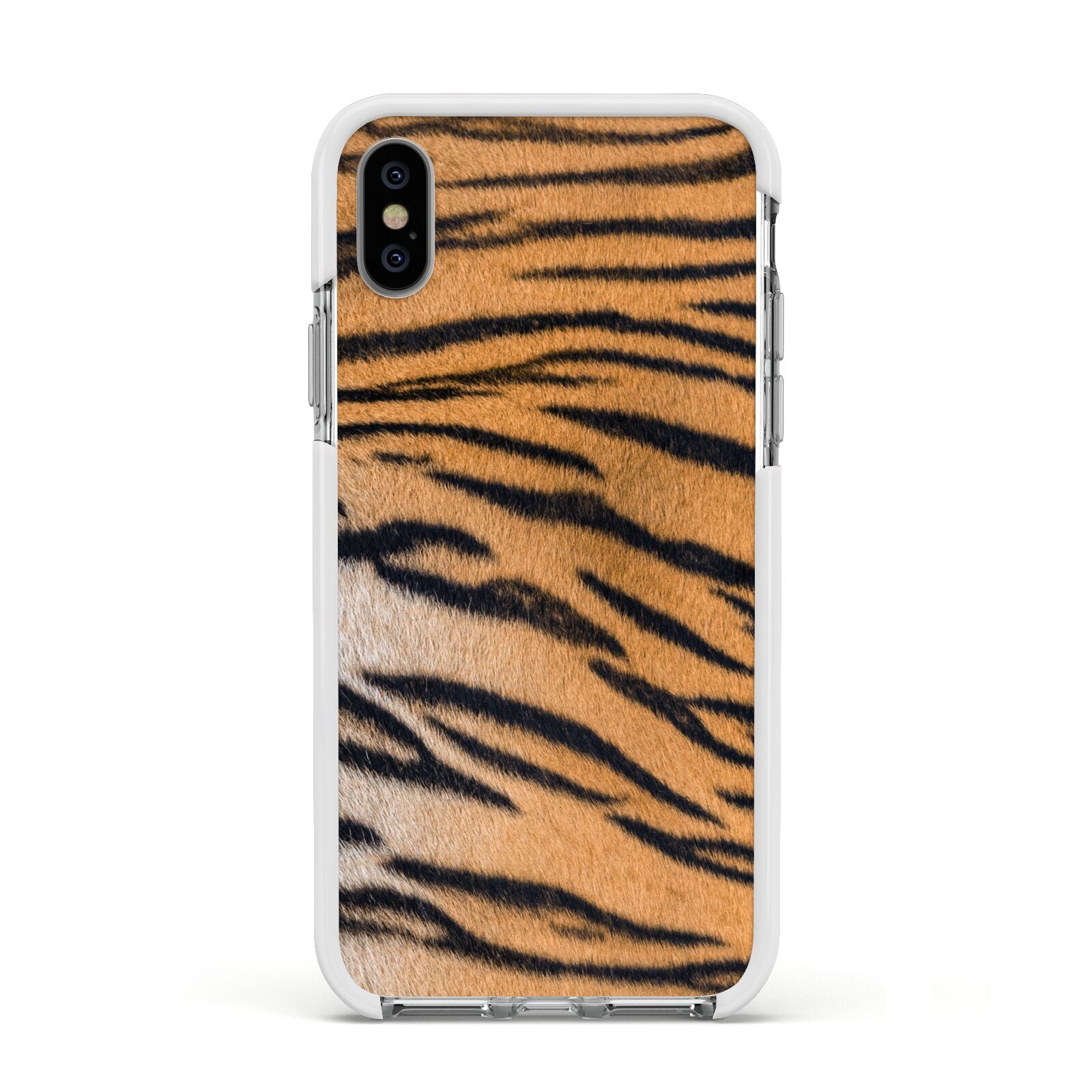 Tiger Print Apple iPhone Xs Impact Case White Edge on Silver Phone