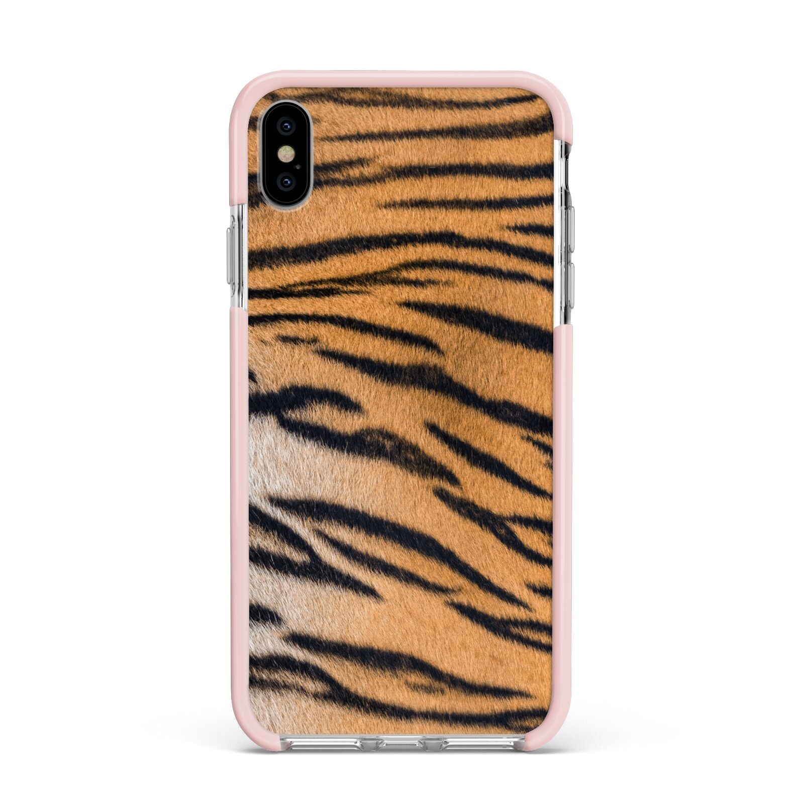 Tiger Print Apple iPhone Xs Max Impact Case Pink Edge on Silver Phone