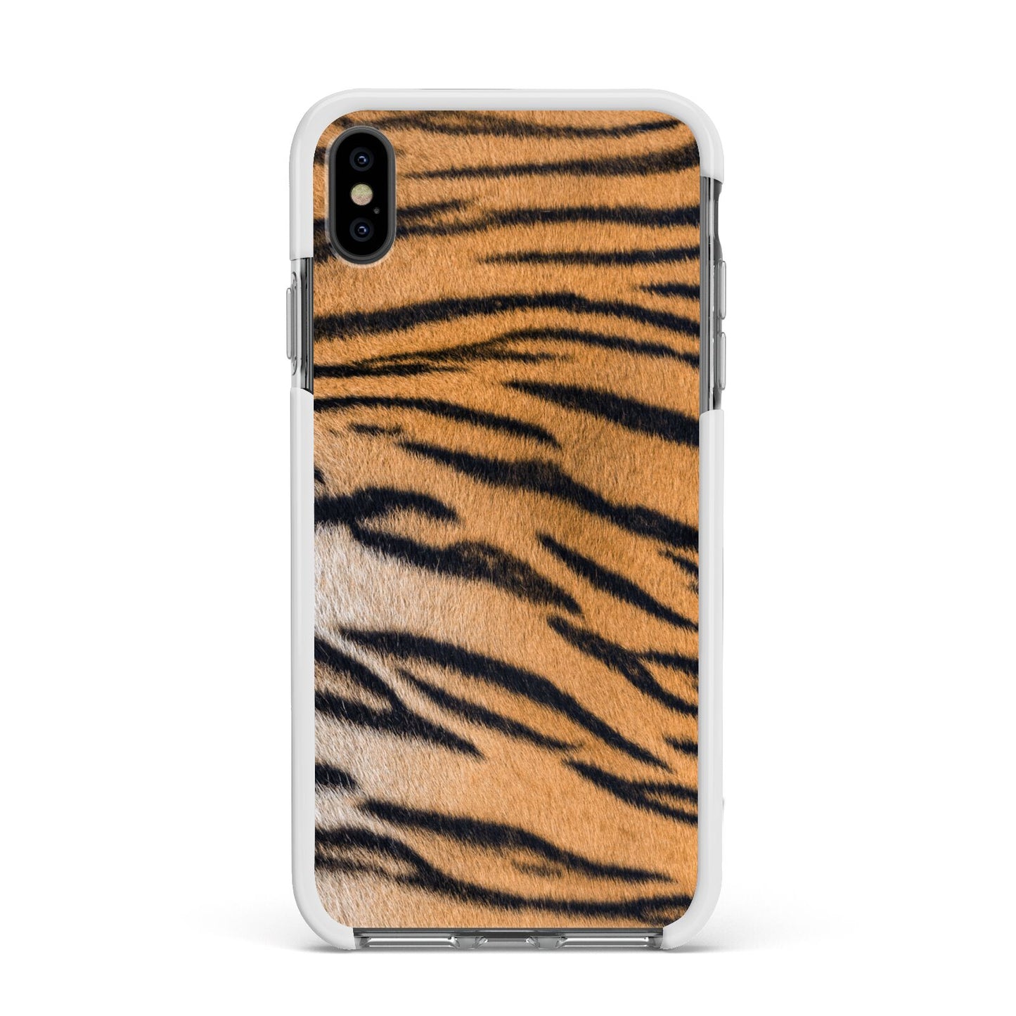 Tiger Print Apple iPhone Xs Max Impact Case White Edge on Black Phone