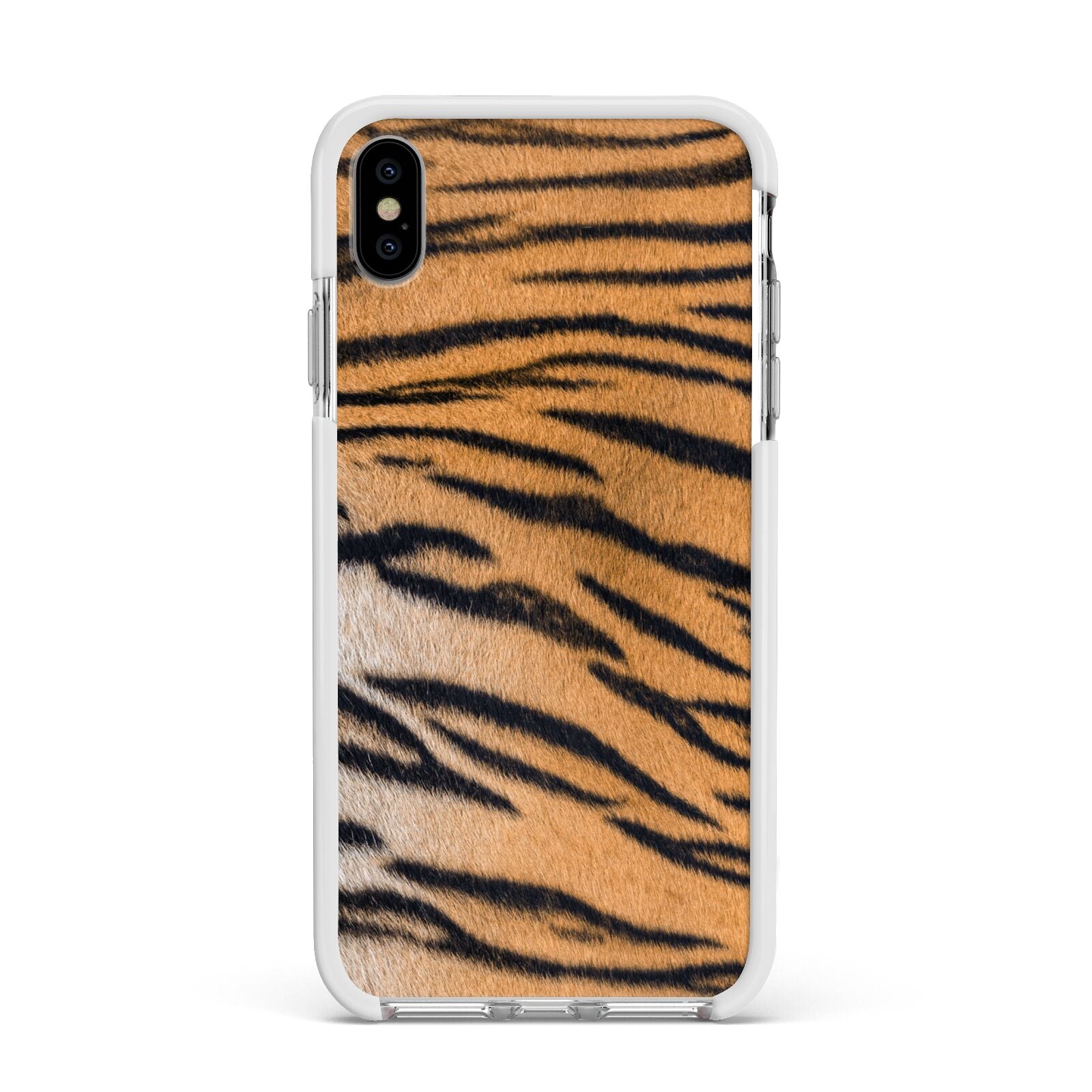 Tiger Print Apple iPhone Xs Max Impact Case White Edge on Silver Phone