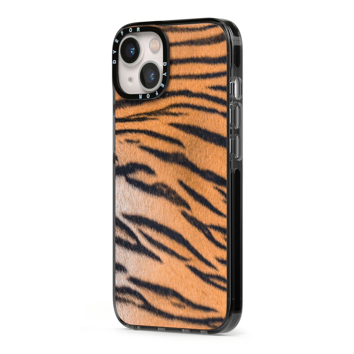 Tiger Print iPhone 13 Black Impact Case Side Angle on Silver phone