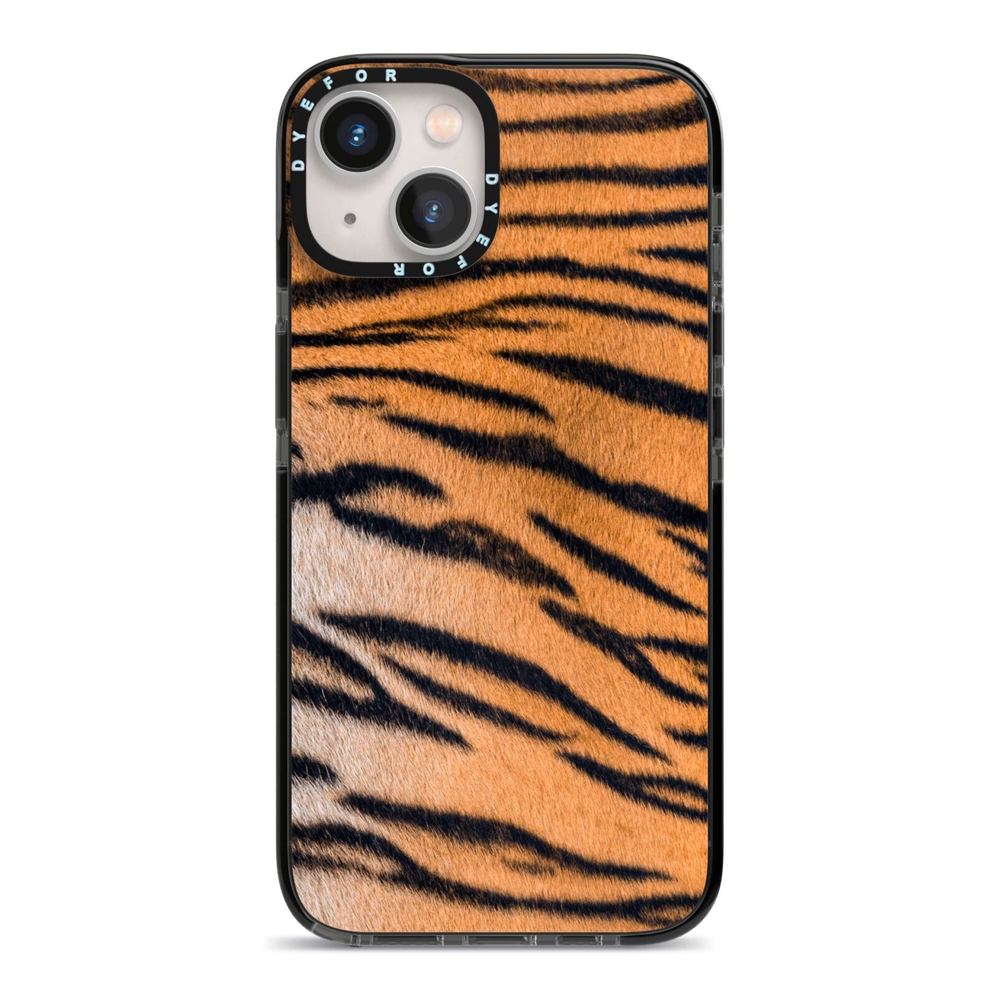 Tiger Print iPhone 13 Black Impact Case on Silver phone