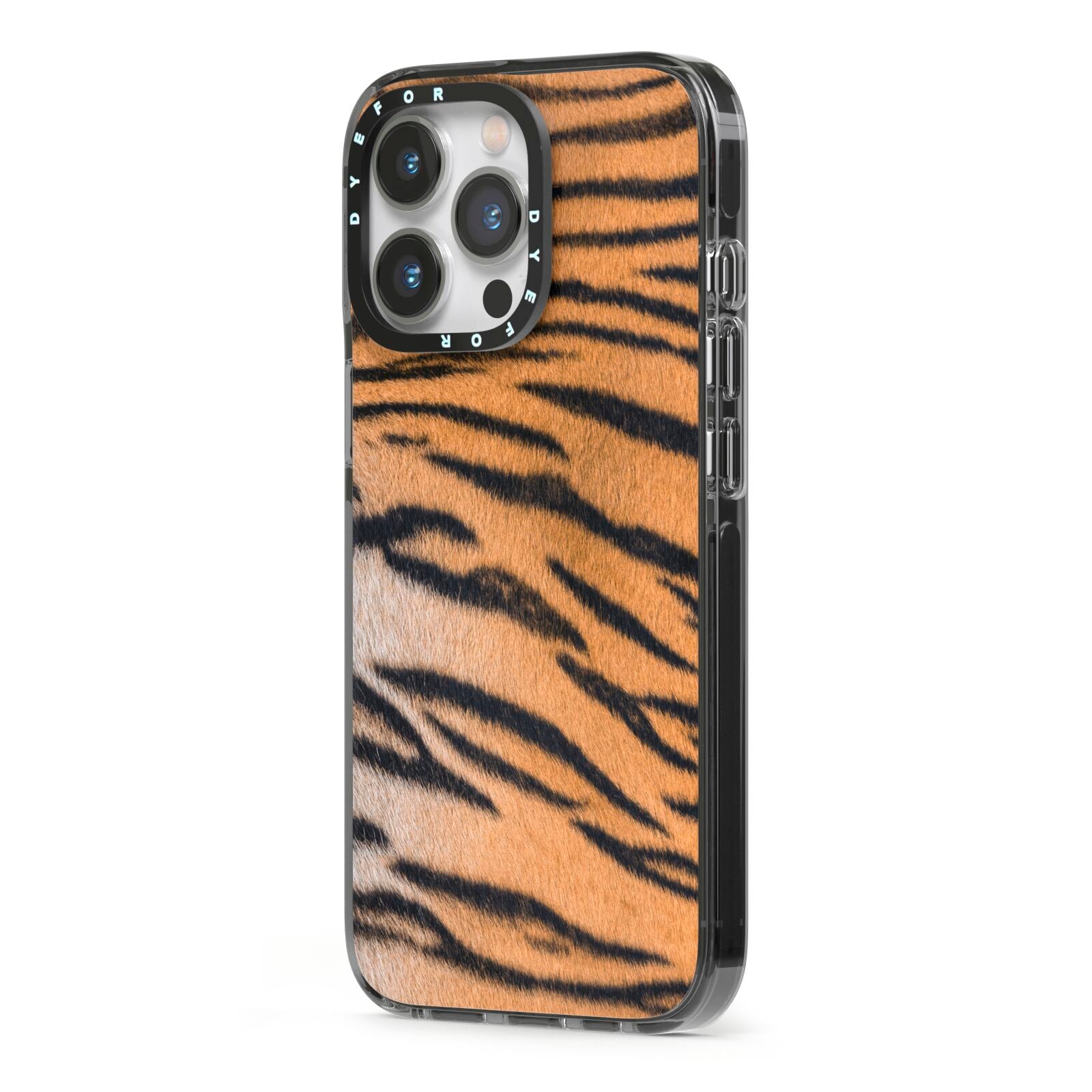 Tiger Print iPhone 13 Pro Black Impact Case Side Angle on Silver phone